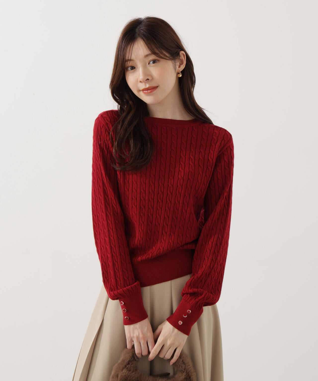 <ハンドウォッシャブル>袖釦ミニケーブルニット
