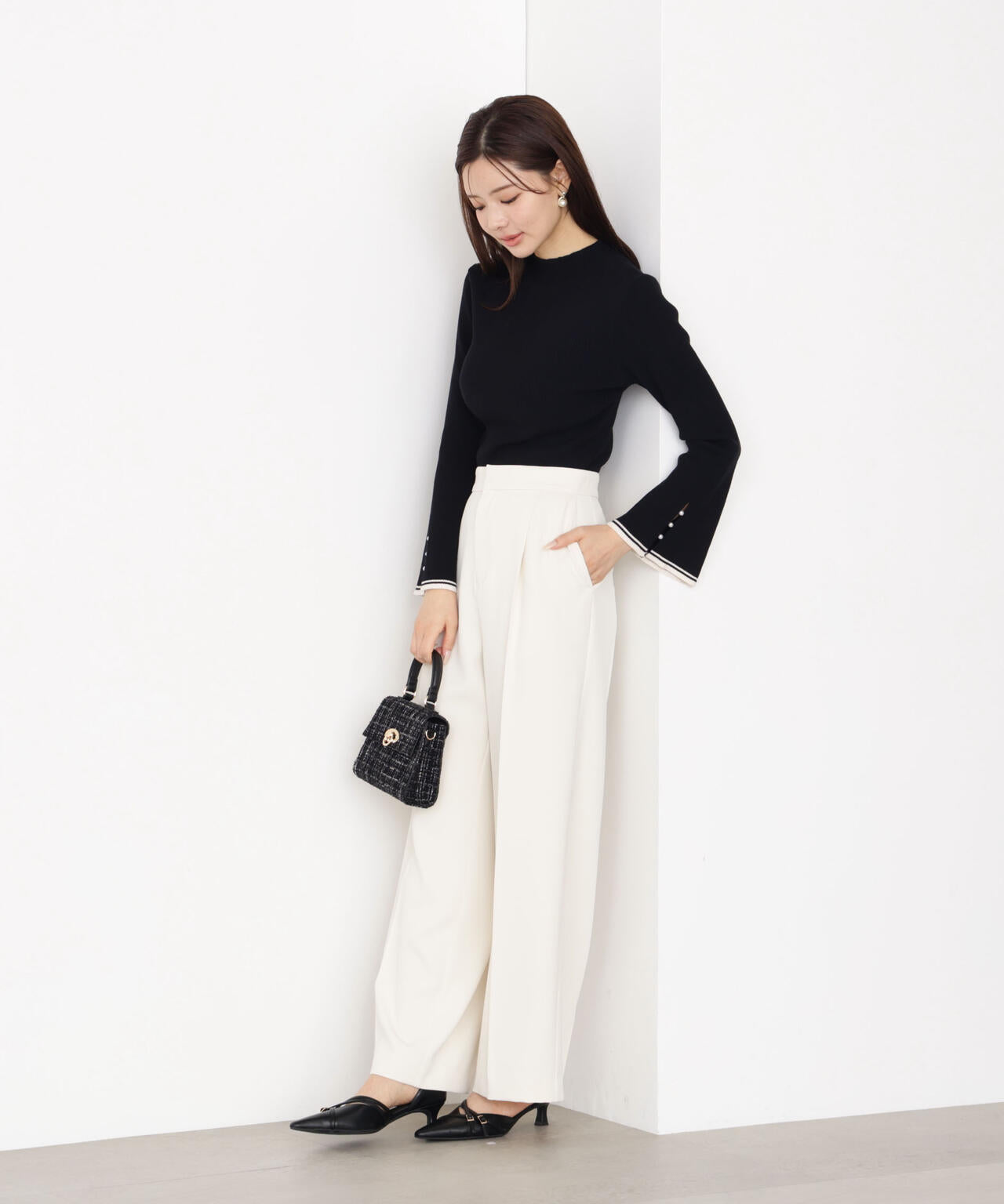 <ハンドウォッシャブル>スタンドネックリブニット