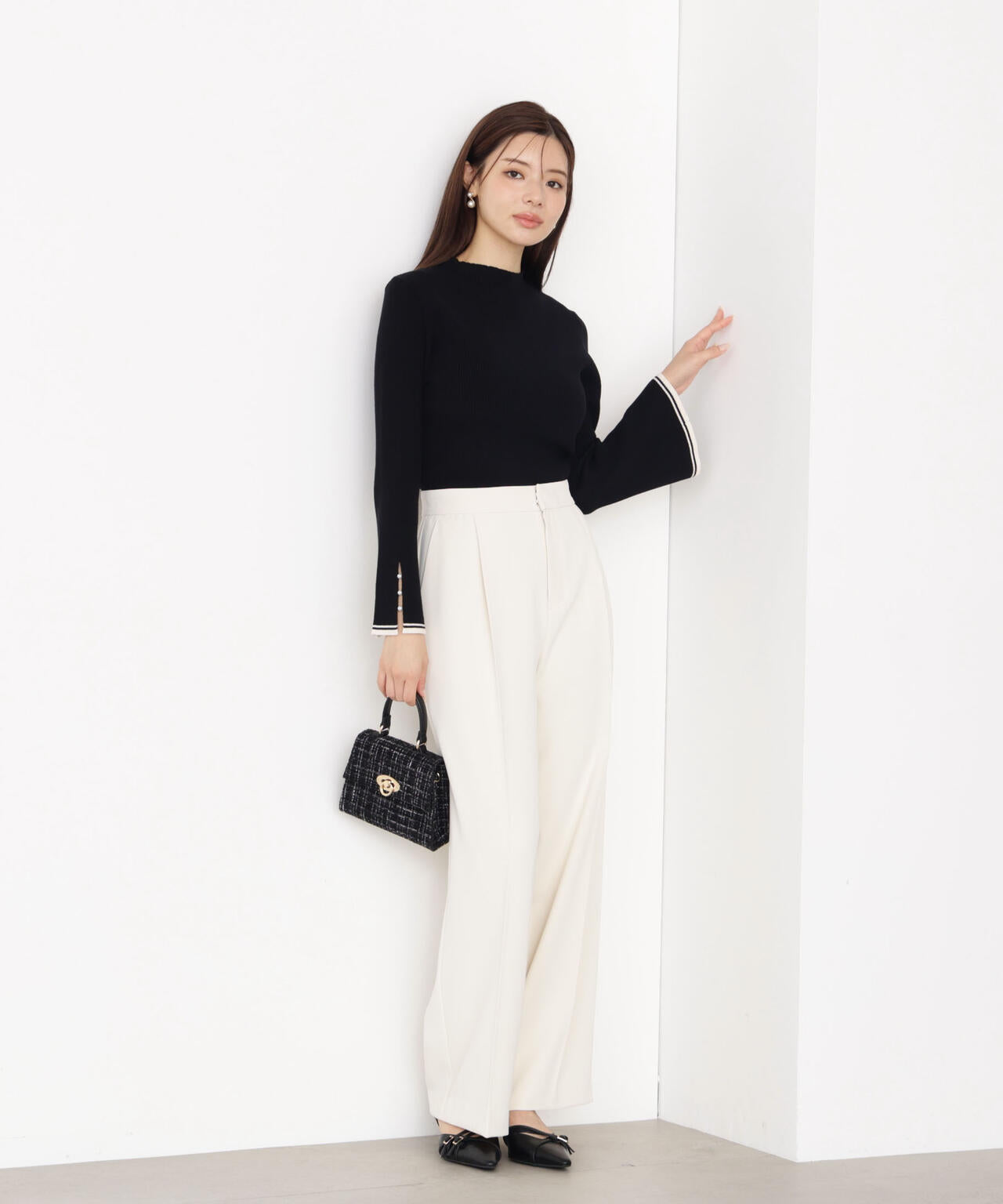 <ハンドウォッシャブル>スタンドネックリブニット