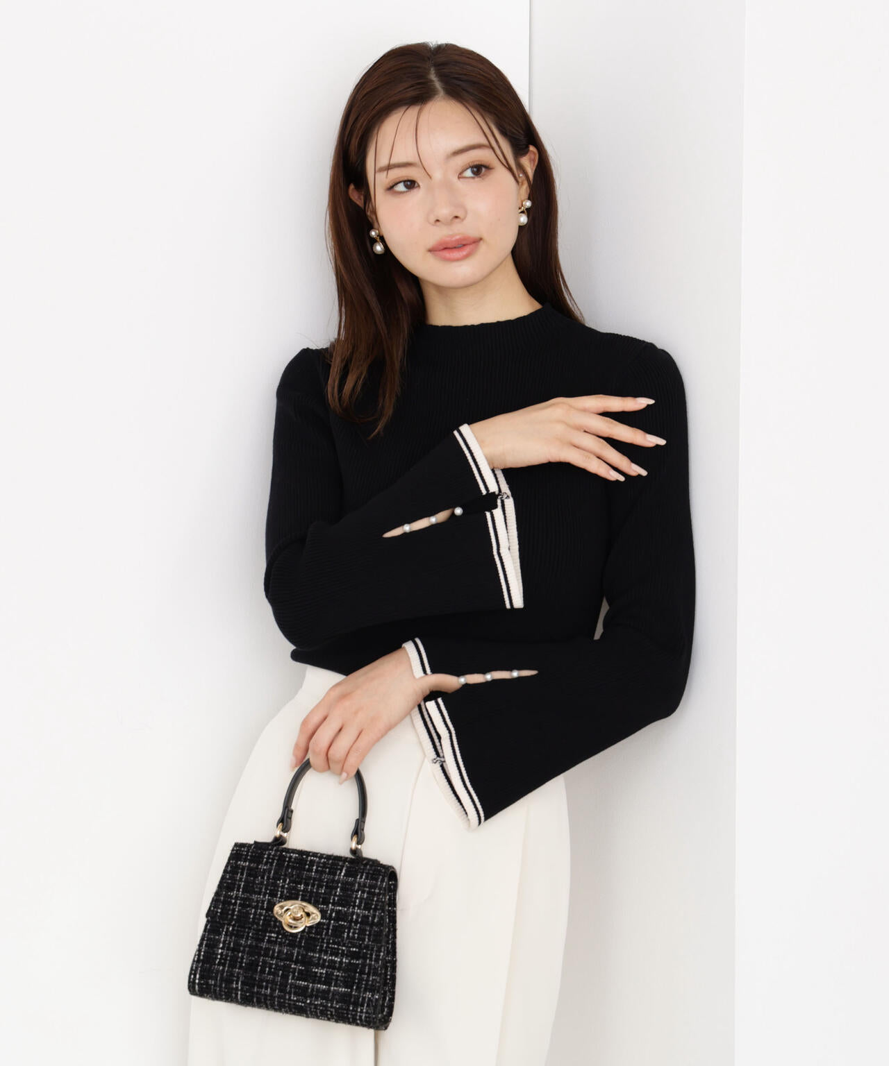 <ハンドウォッシャブル>スタンドネックリブニット