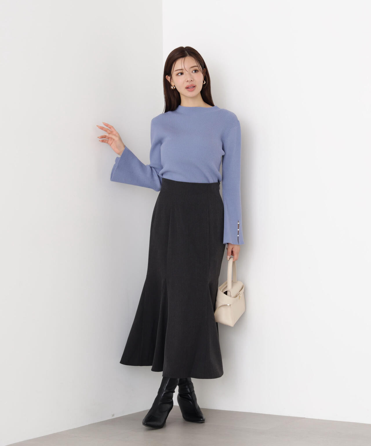 <ハンドウォッシャブル>スタンドネックリブニット