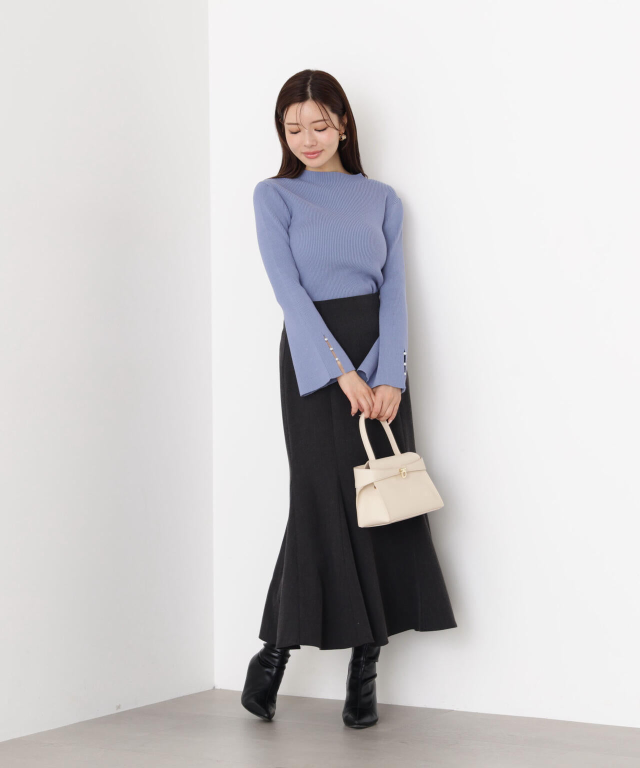 <ハンドウォッシャブル>スタンドネックリブニット