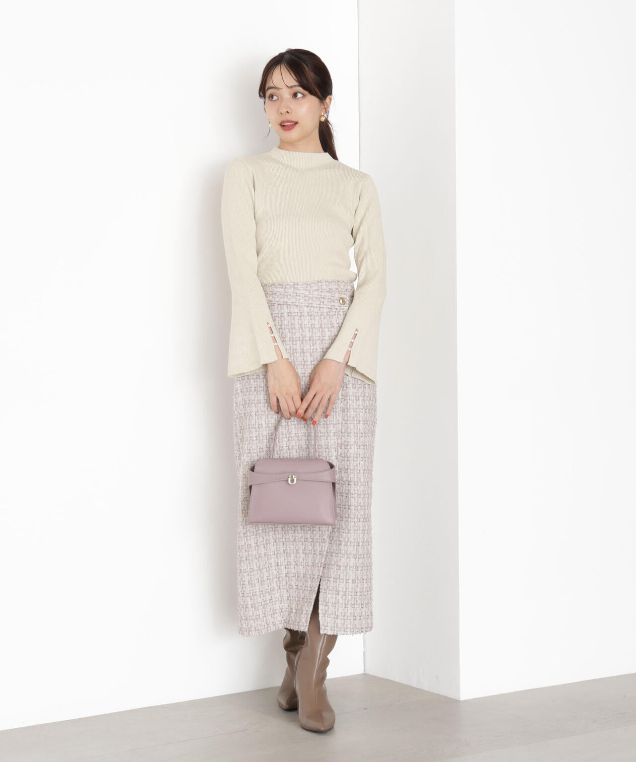 <ハンドウォッシャブル>スタンドネックリブニット