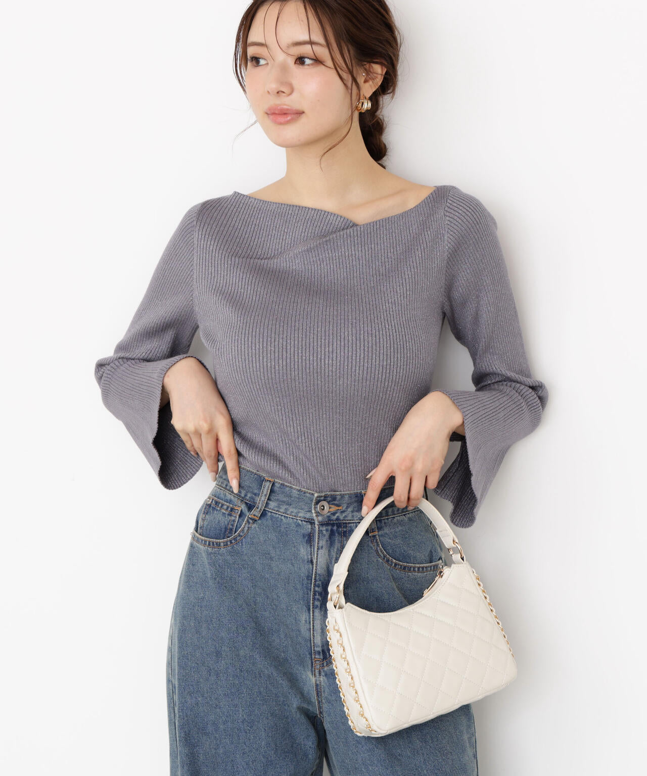 <ハンドウォッシャブル>ニュアンスネックラメリブニット