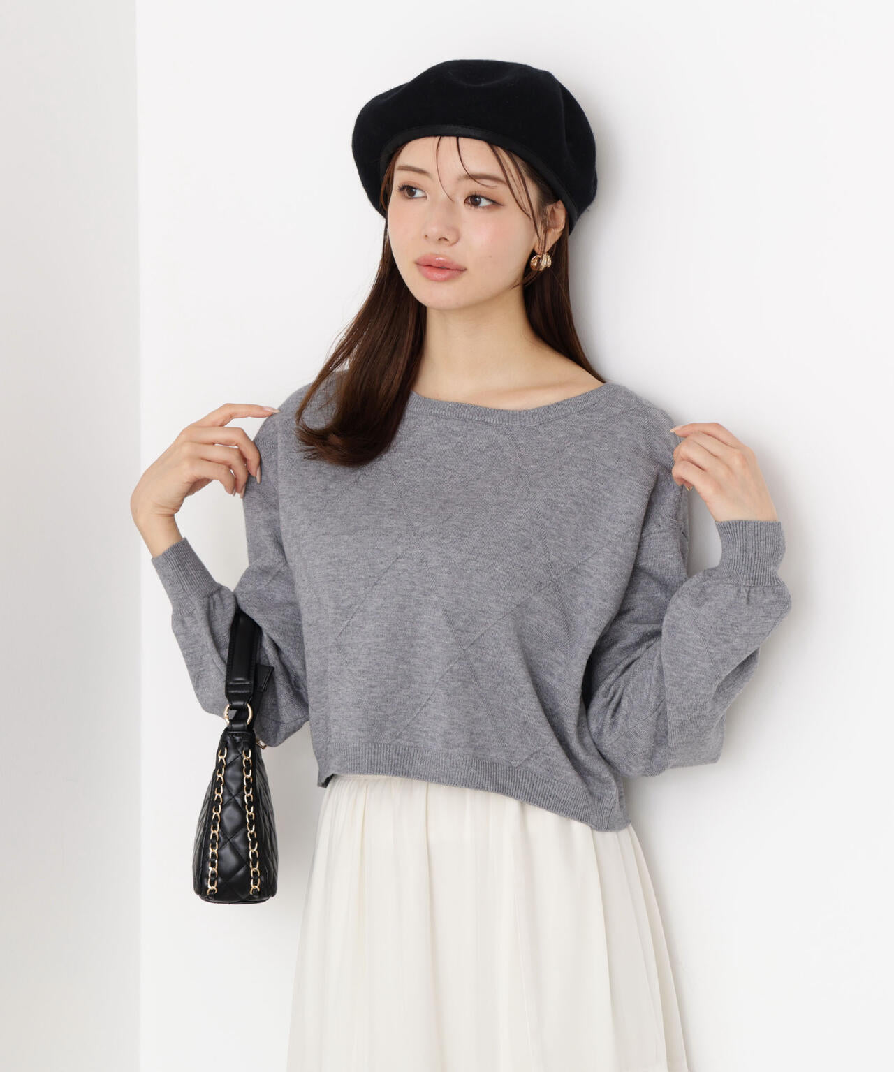 <ハンドウォッシャブル>ダイヤ柄短丈ニット