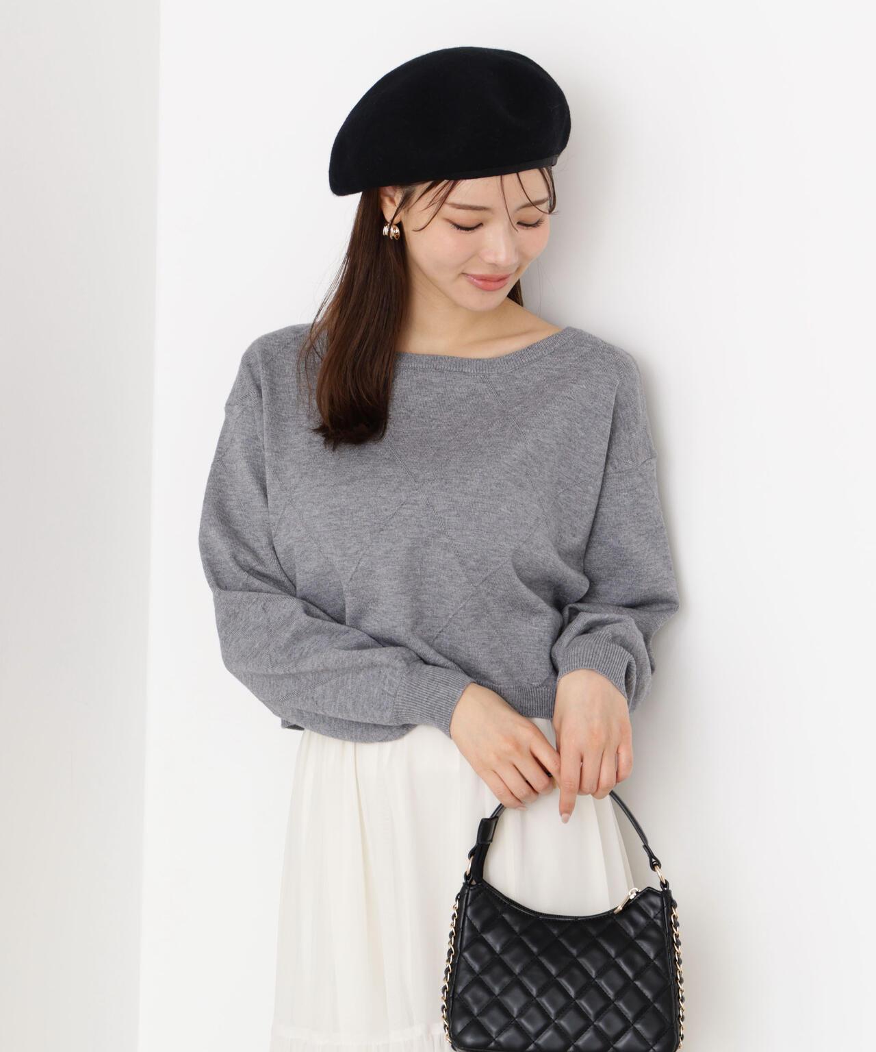 <ハンドウォッシャブル>ダイヤ柄短丈ニット