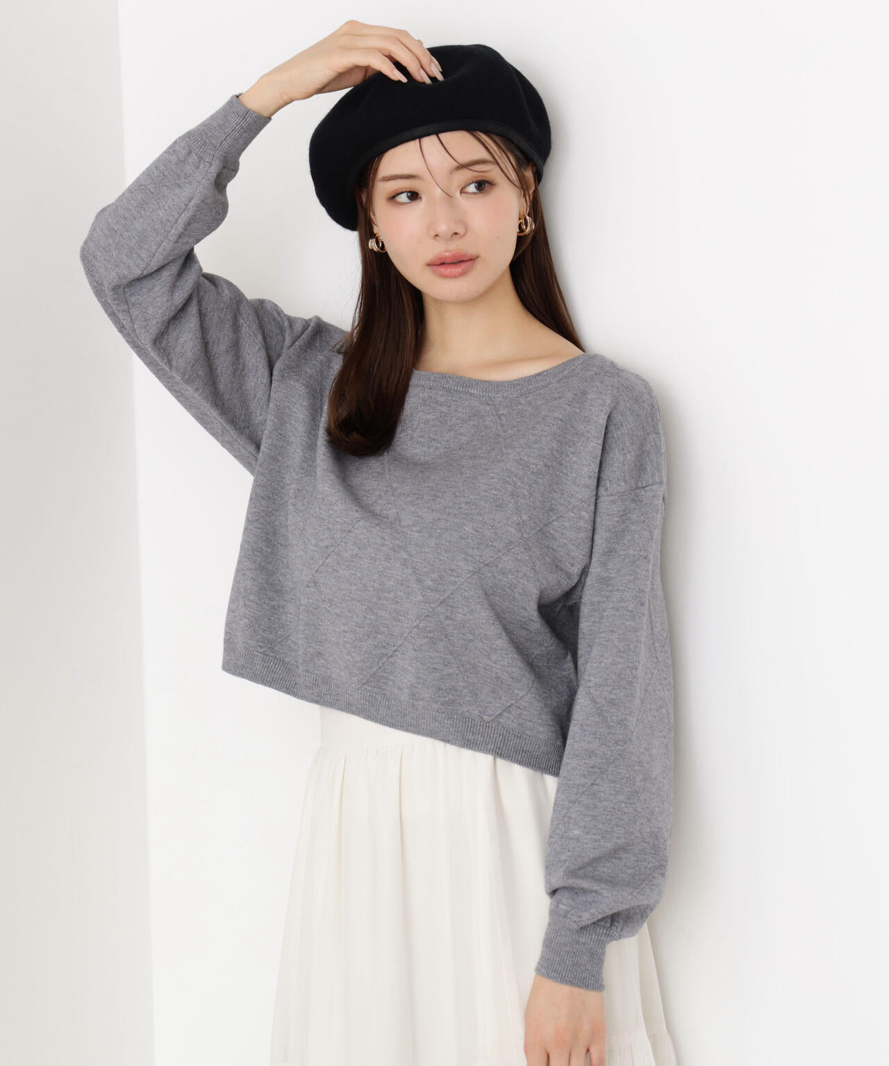 <ハンドウォッシャブル>ダイヤ柄短丈ニット