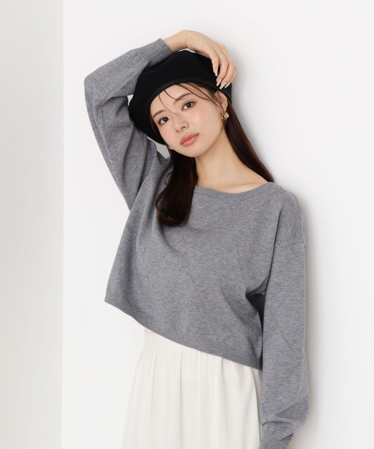 <ハンドウォッシャブル>ダイヤ柄短丈ニット