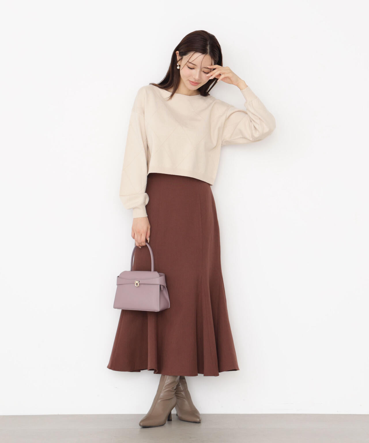 <ハンドウォッシャブル>ダイヤ柄短丈ニット