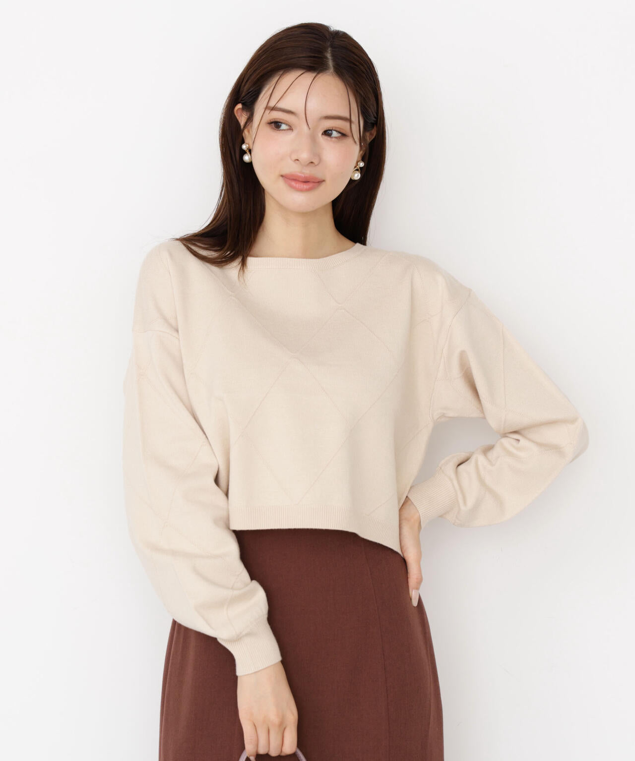 <ハンドウォッシャブル>ダイヤ柄短丈ニット