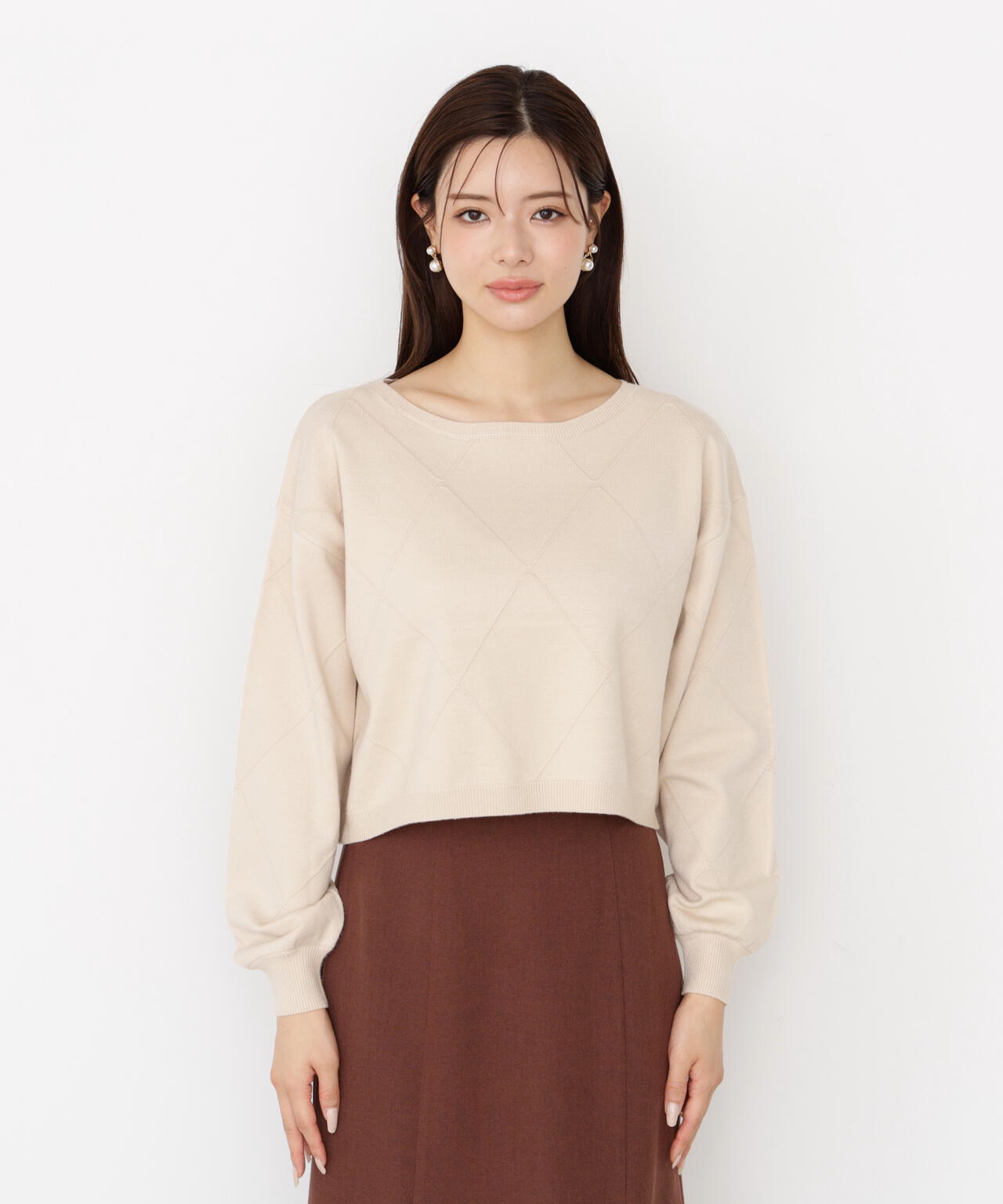 <ハンドウォッシャブル>ダイヤ柄短丈ニット