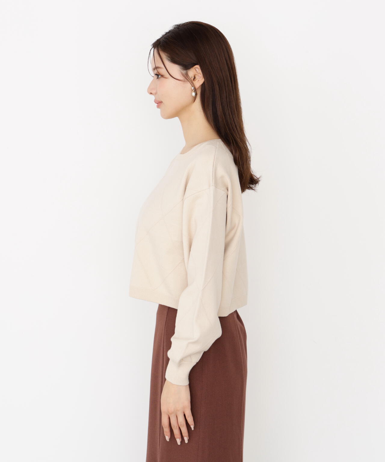 <ハンドウォッシャブル>ダイヤ柄短丈ニット