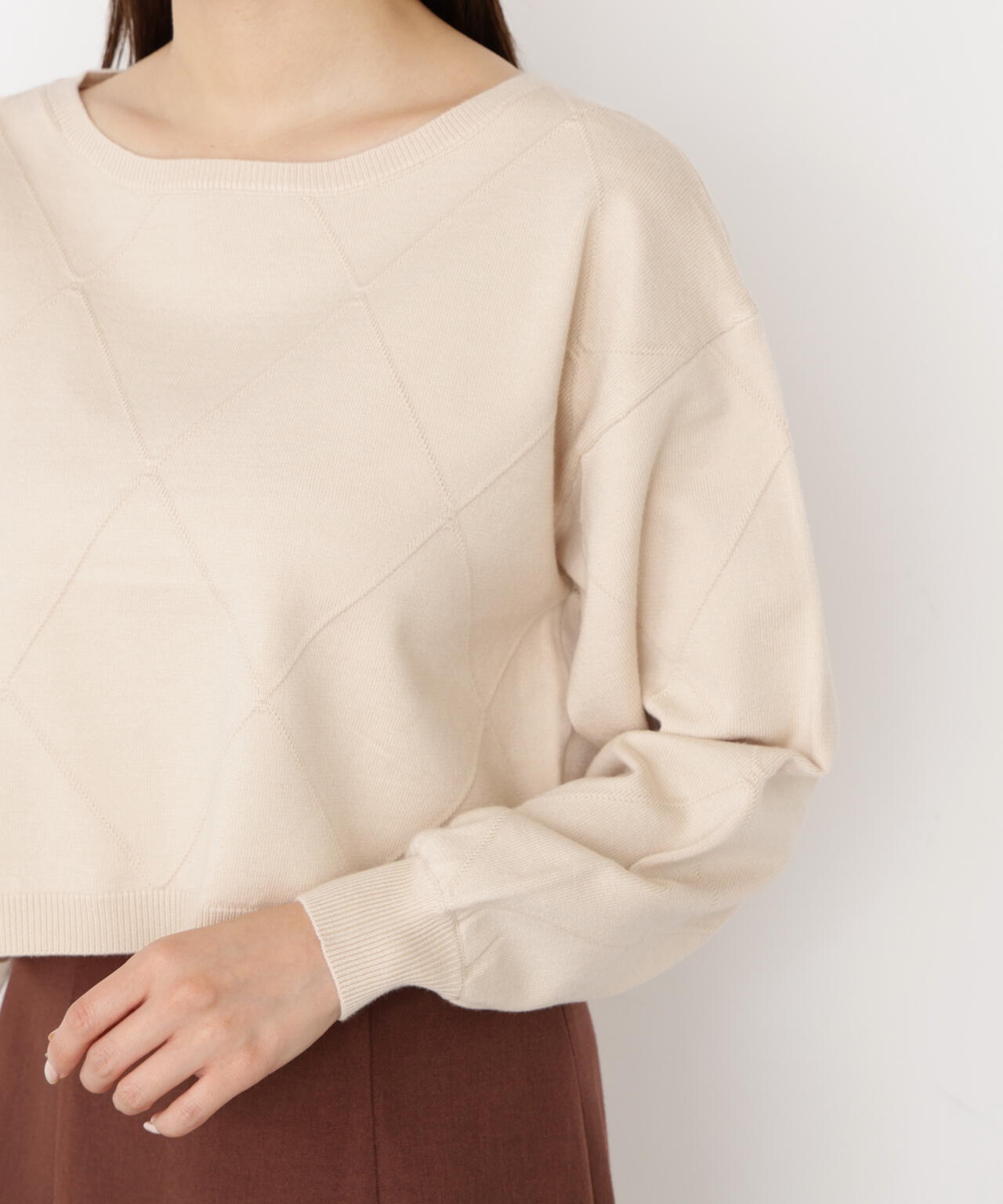 <ハンドウォッシャブル>ダイヤ柄短丈ニット