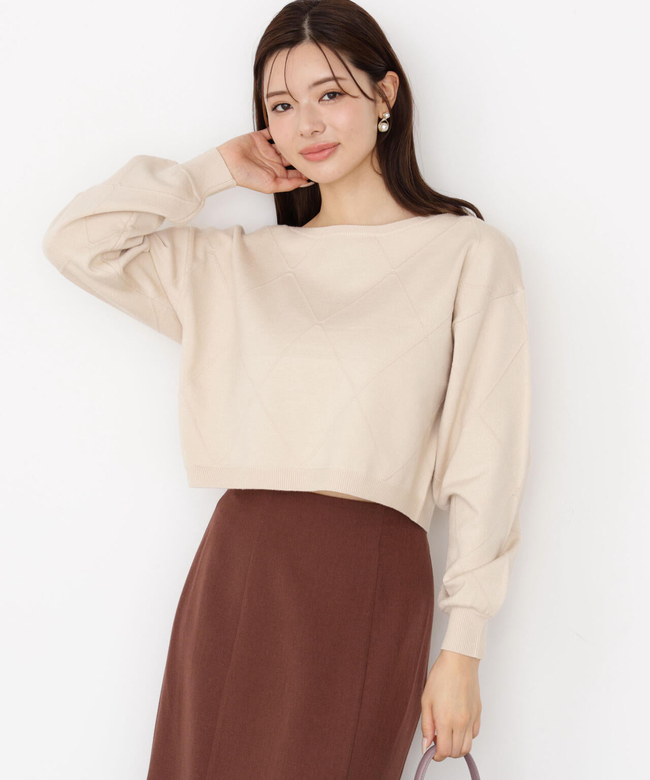 <ハンドウォッシャブル>ダイヤ柄短丈ニット