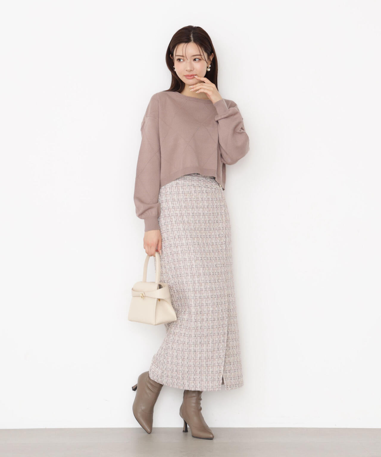 <ハンドウォッシャブル>ダイヤ柄短丈ニット