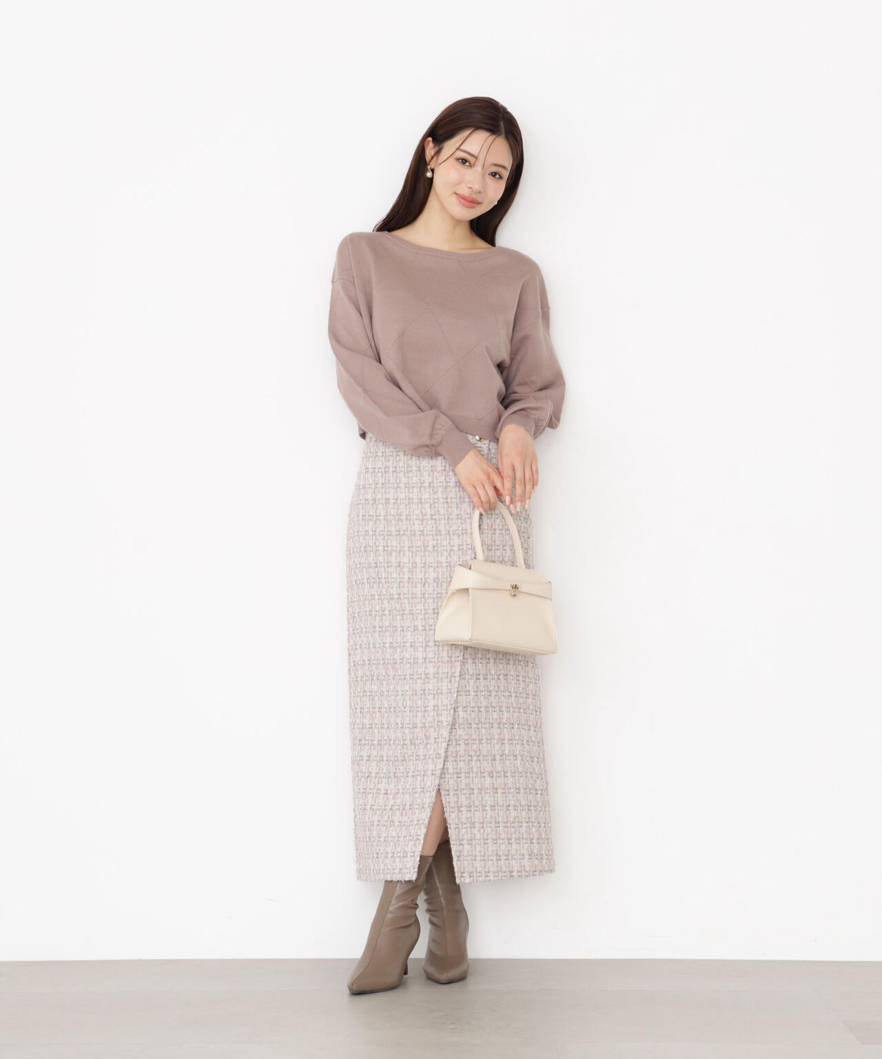 <ハンドウォッシャブル>ダイヤ柄短丈ニット