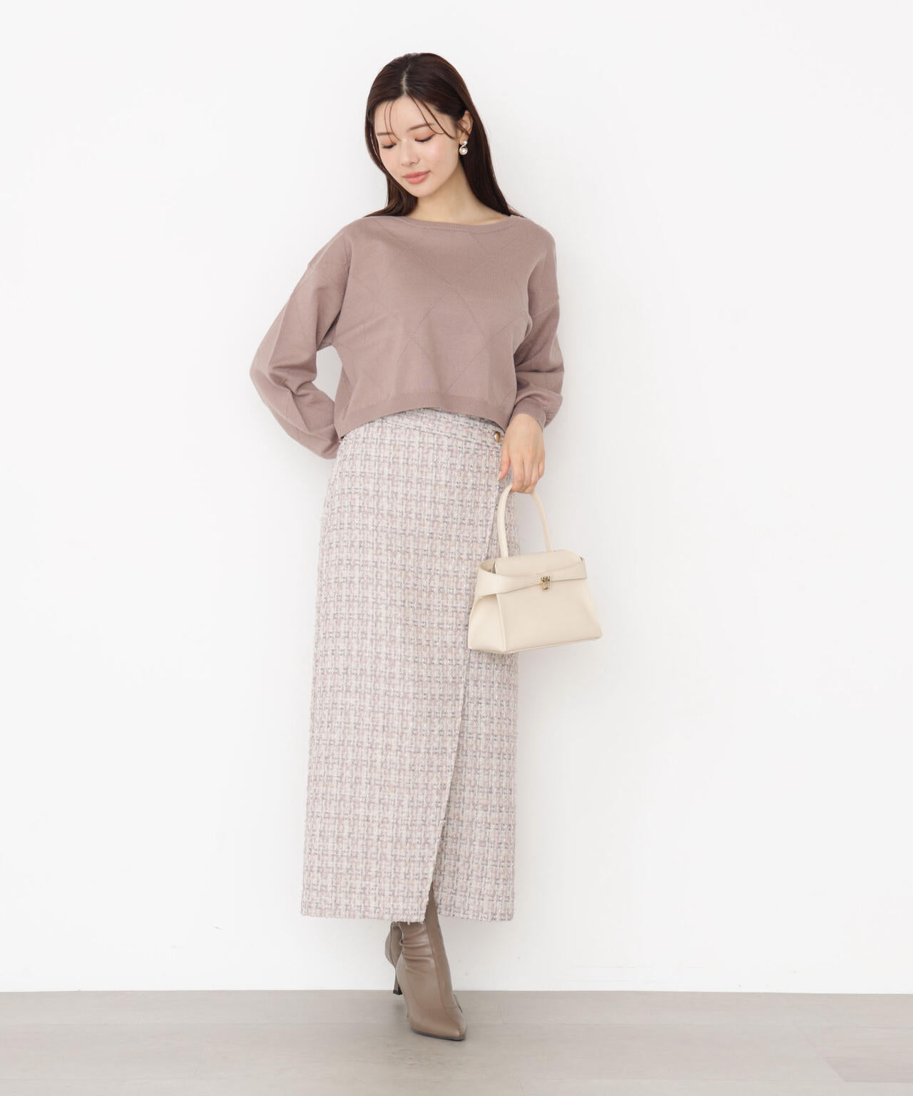 <ハンドウォッシャブル>ダイヤ柄短丈ニット