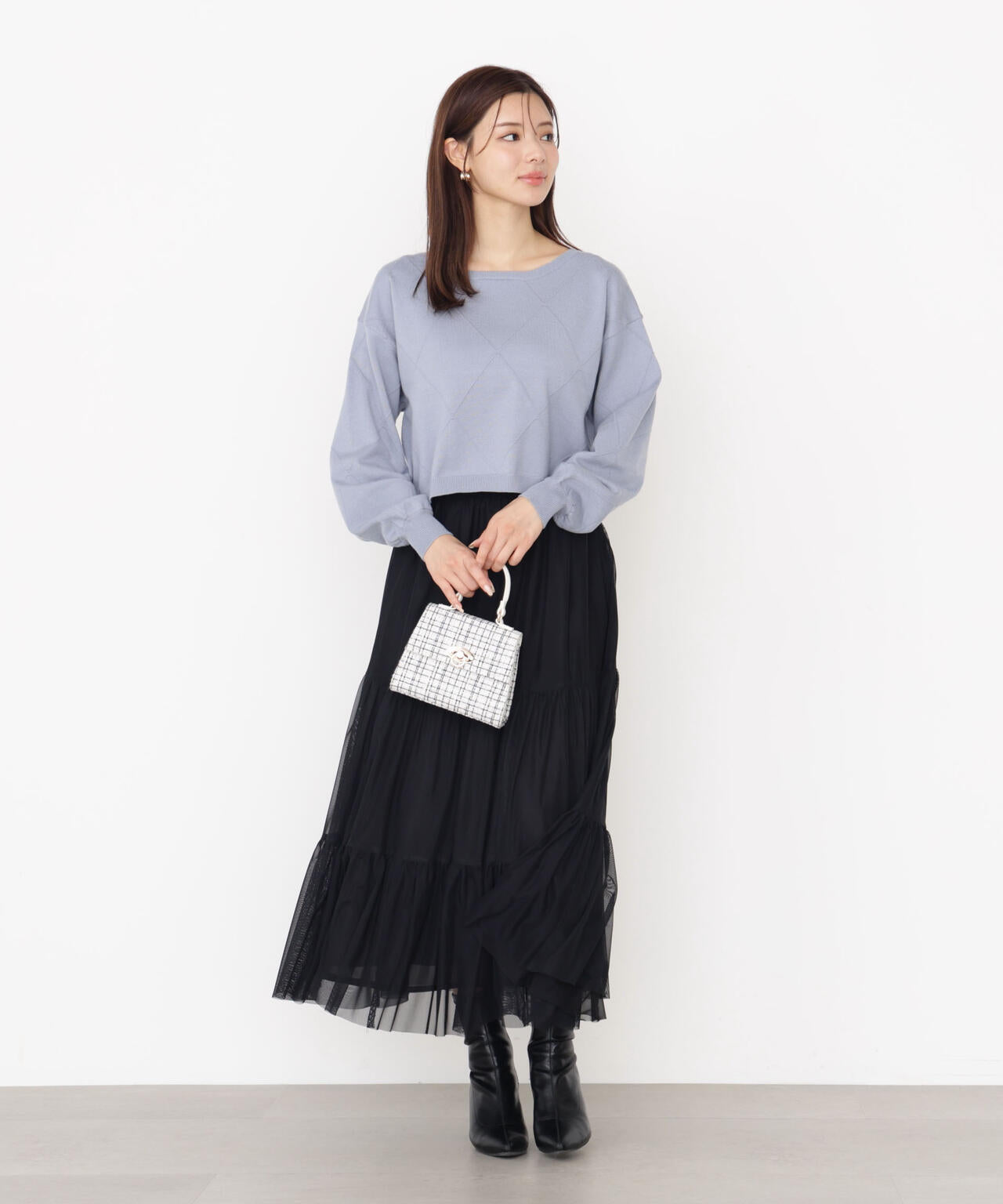 <ハンドウォッシャブル>ダイヤ柄短丈ニット