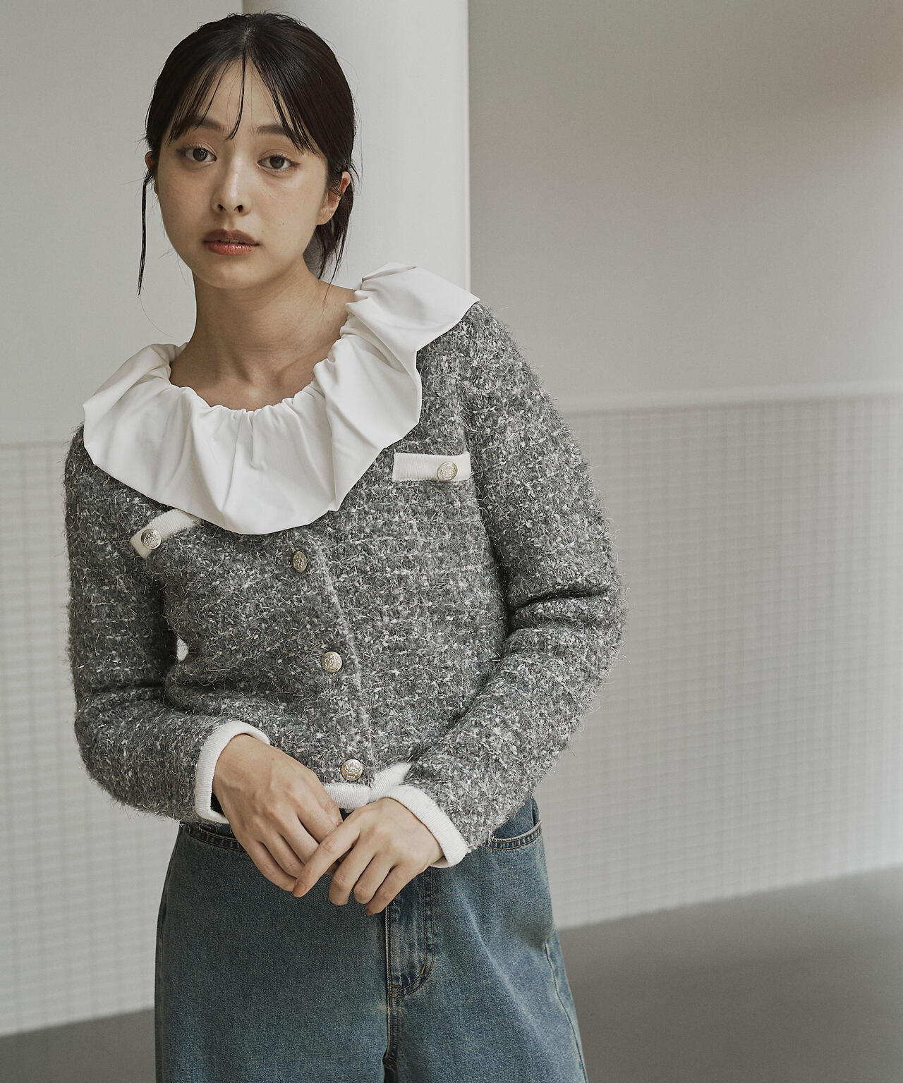 ファンシーツイード風ニットカーディガン