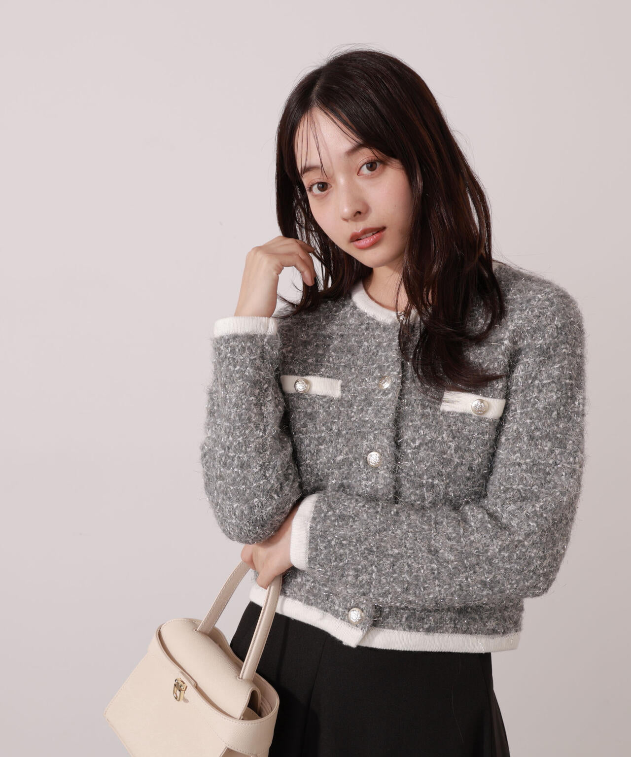 ファンシーツイード風ニットカーディガン