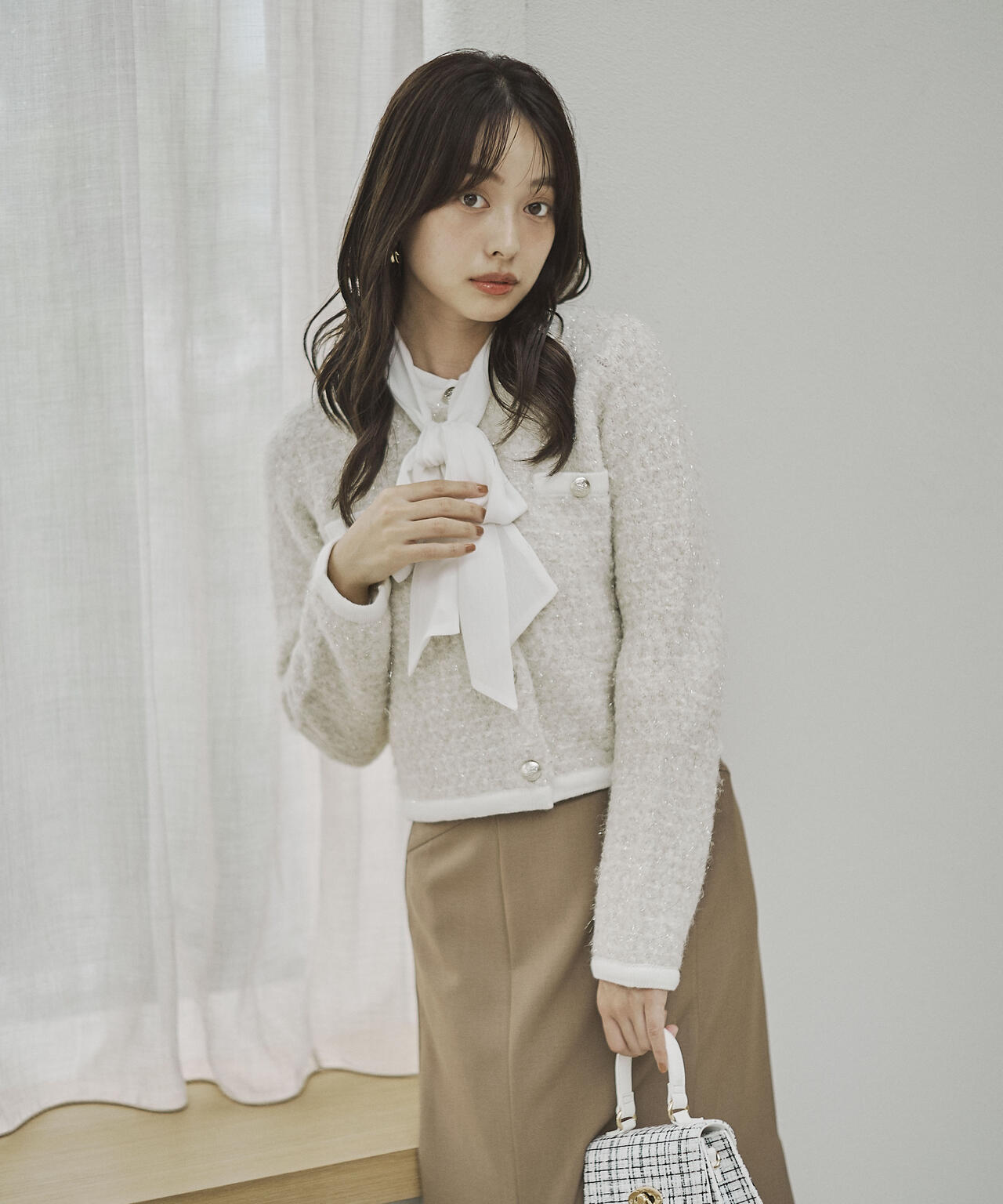 ファンシーツイード風ニットカーディガン