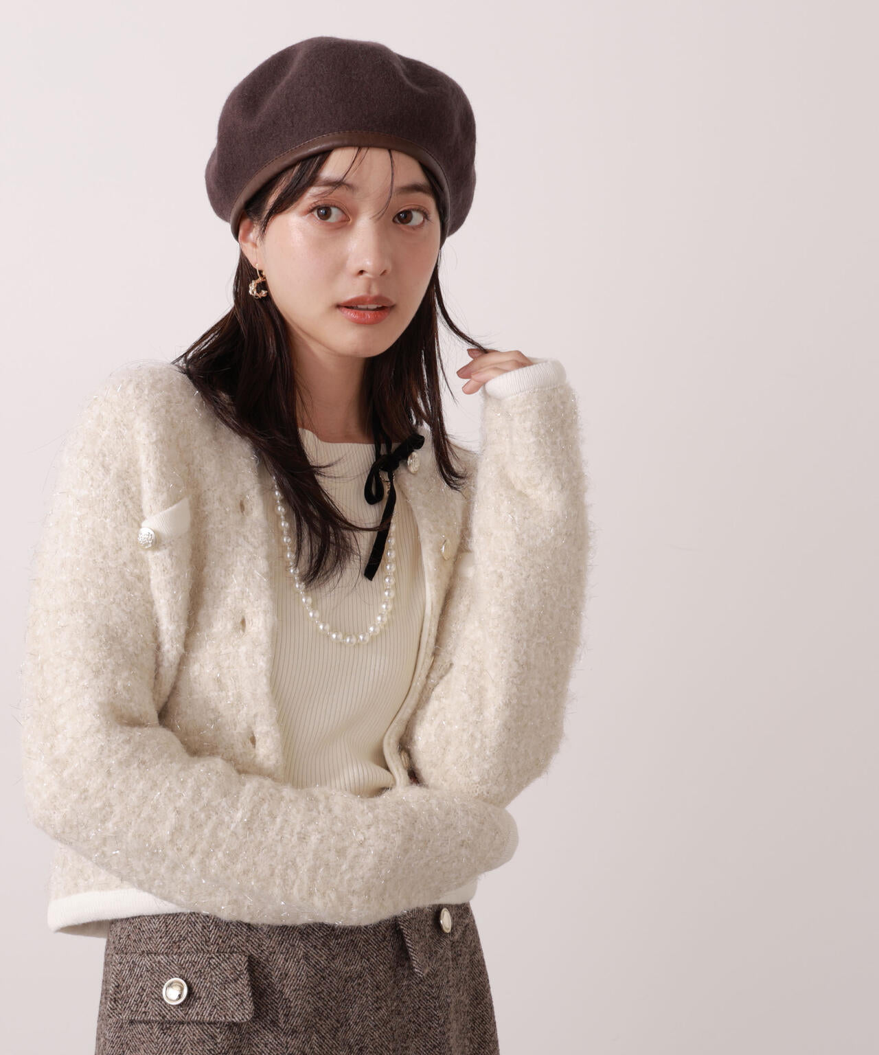 ファンシーツイード風ニットカーディガン