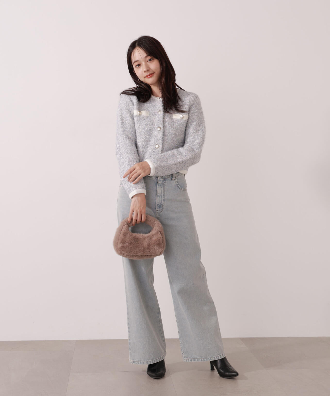 ファンシーツイード風ニットカーディガン