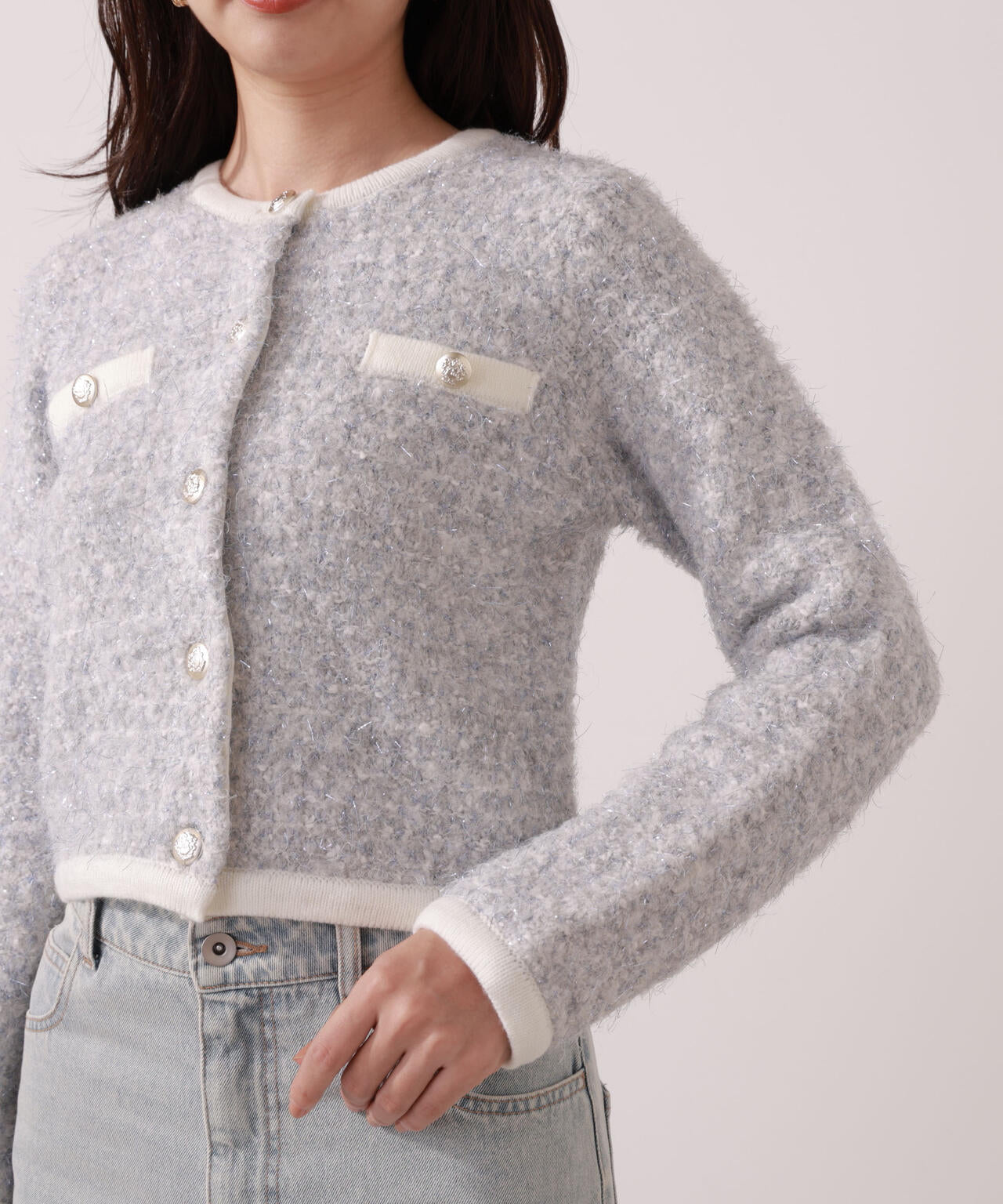 ファンシーツイード風ニットカーディガン