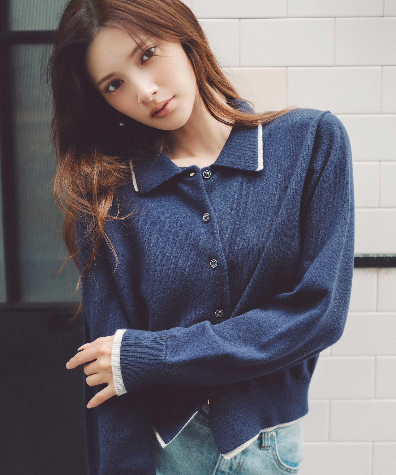 【青島心さん着用】<ウォッシャブル>ポロレイヤード風ニット