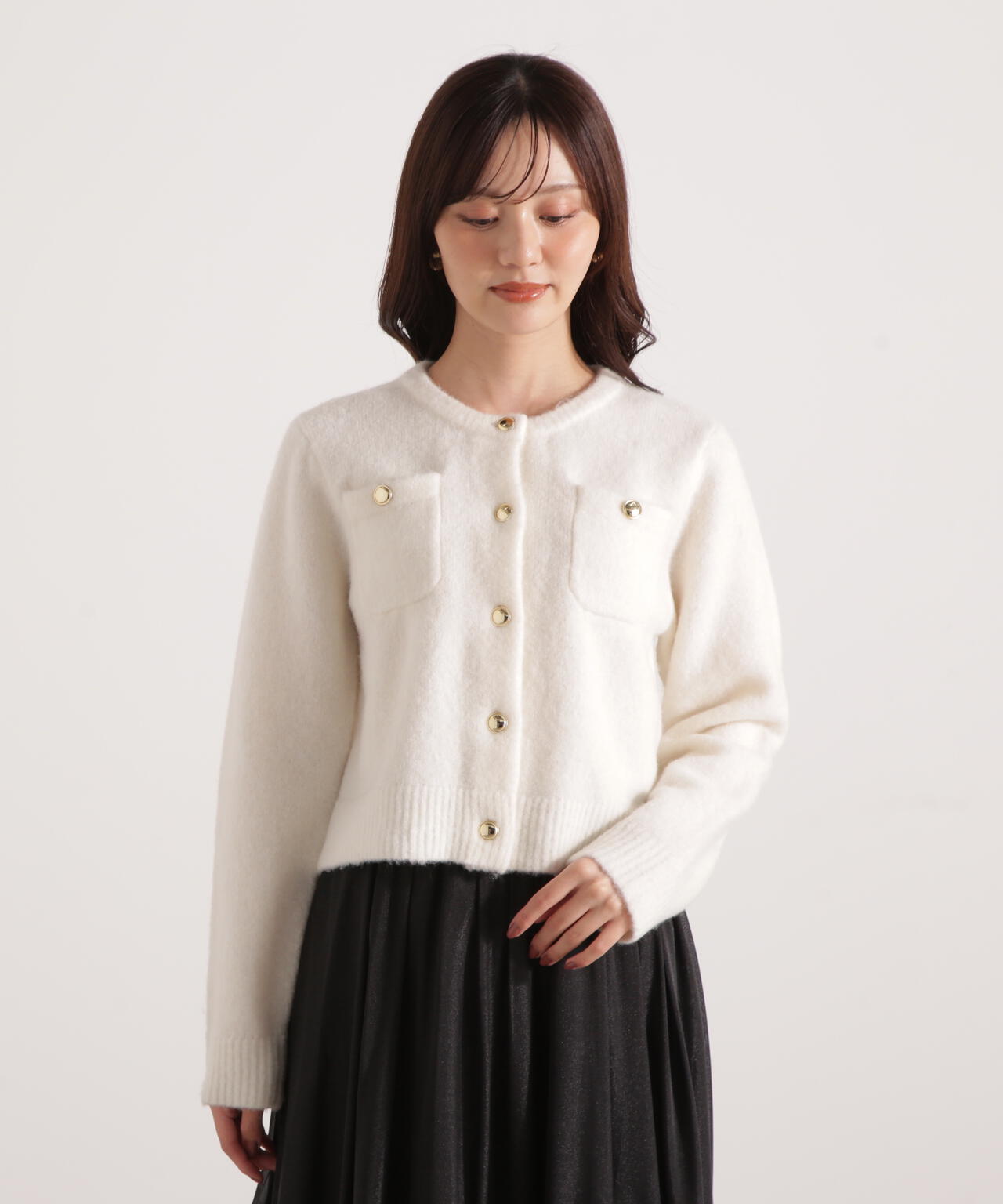 【加藤栞さん着用】釦POINTウール混カーディガン