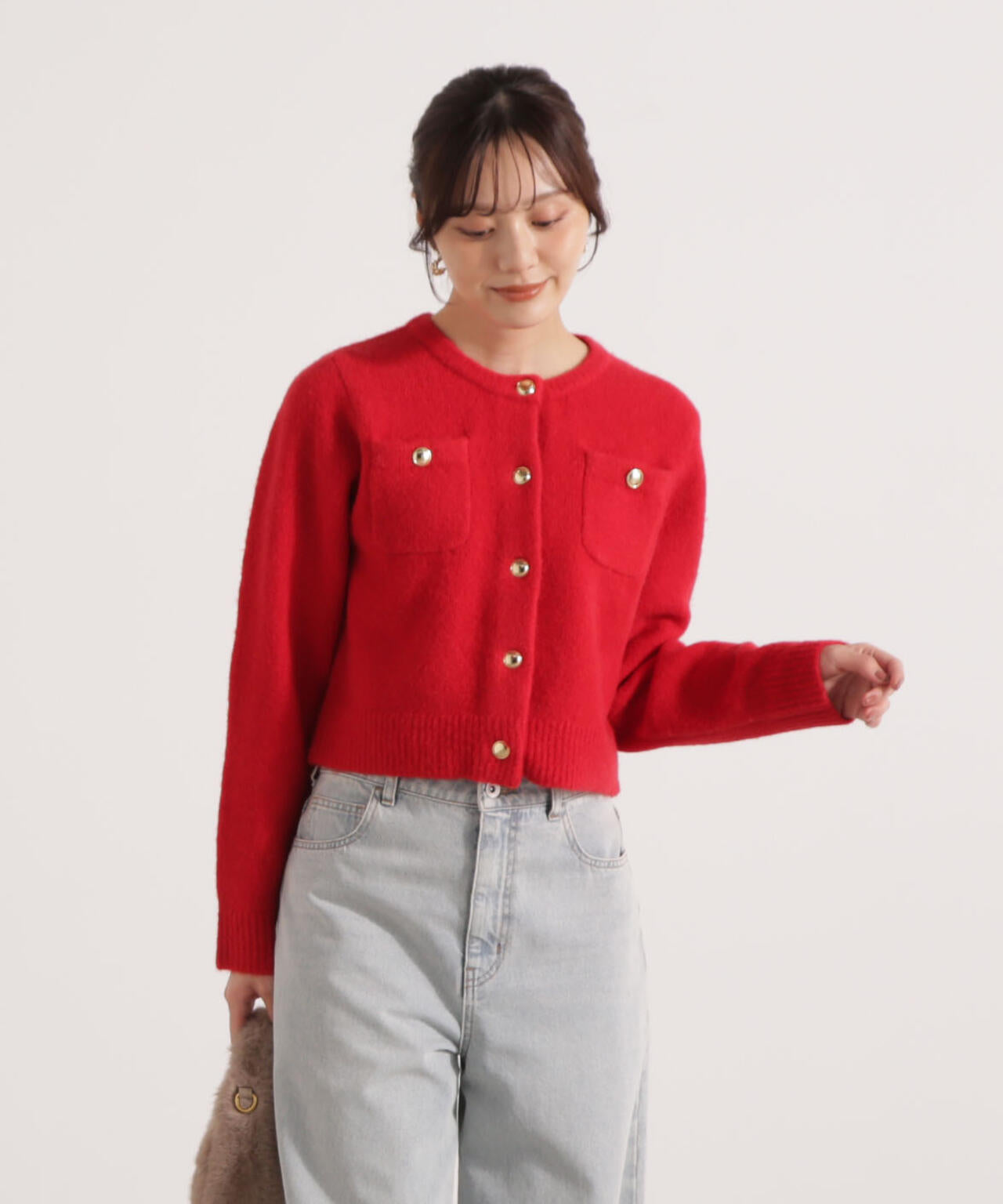 【加藤栞さん着用】釦POINTウール混カーディガン