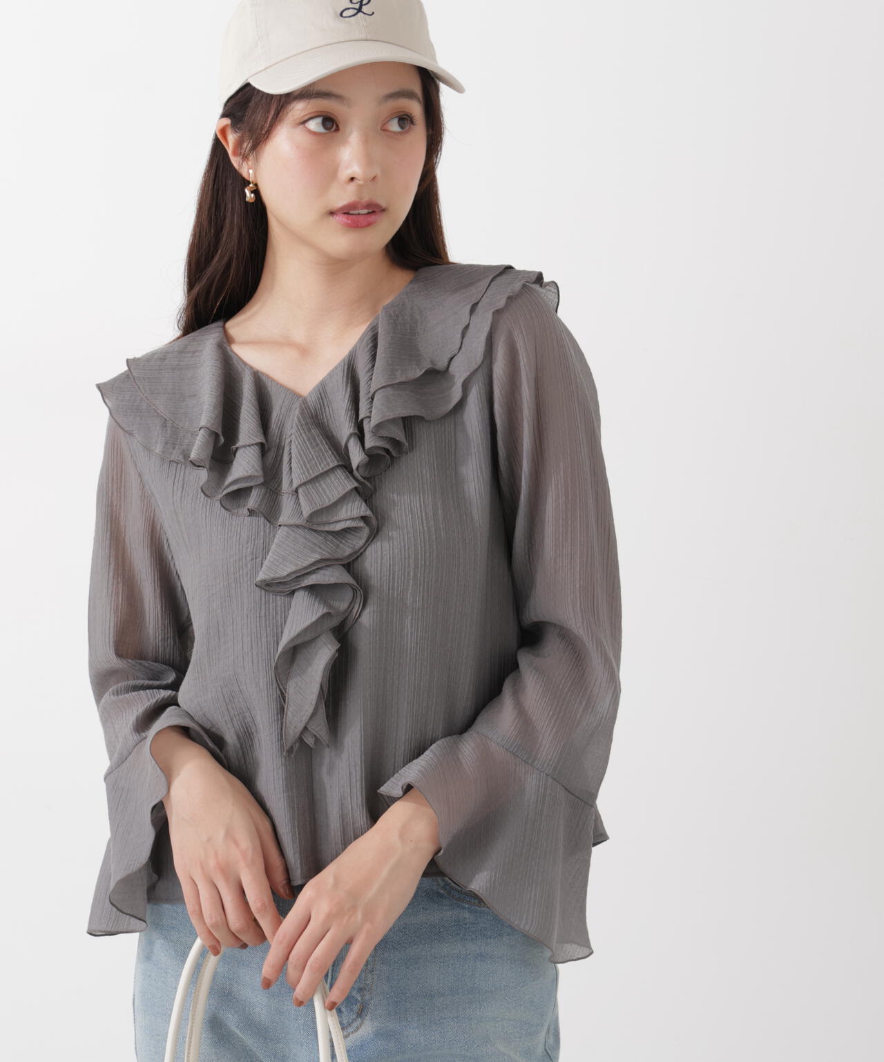 シアー楊柳ラッフルブラウス