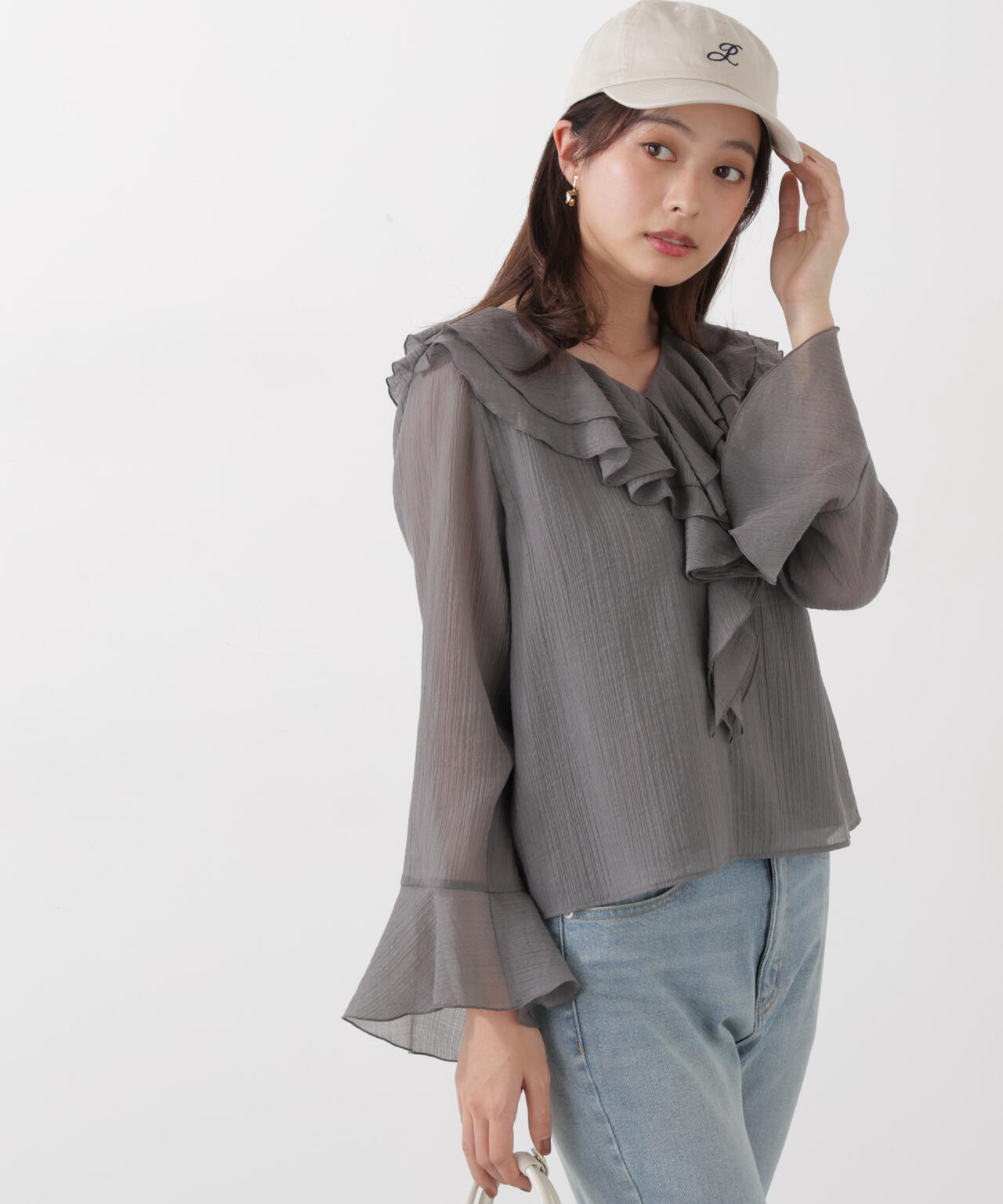 シアー楊柳ラッフルブラウス