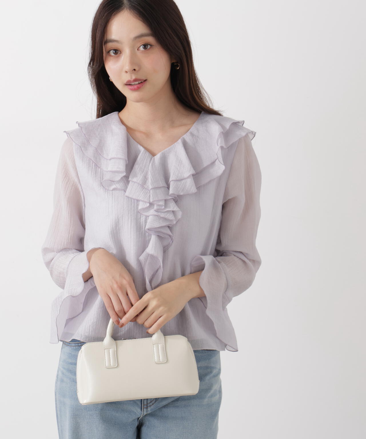 シアー楊柳ラッフルブラウス