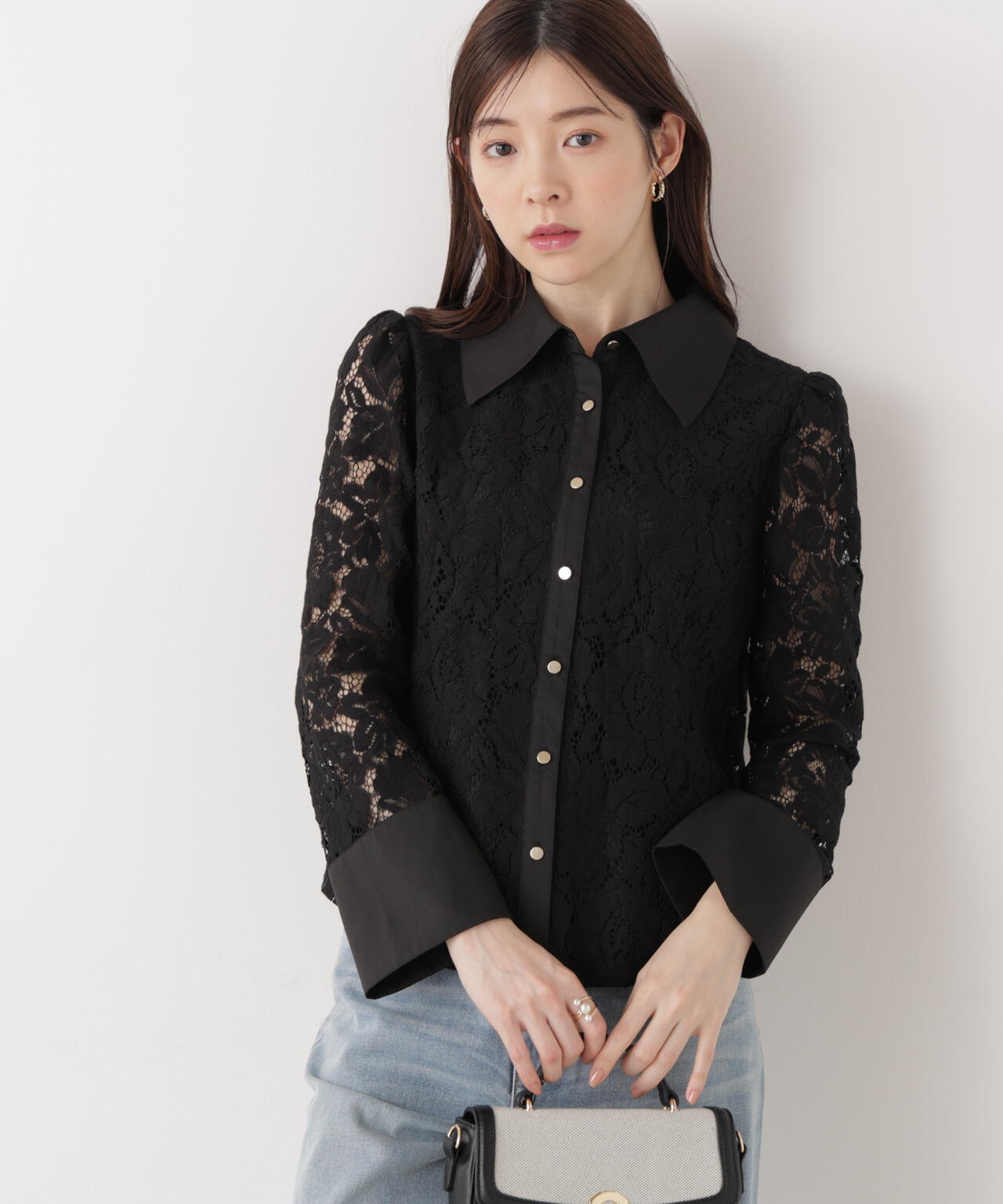 <ウォッシャブル>ビッグ衿レースブラウス