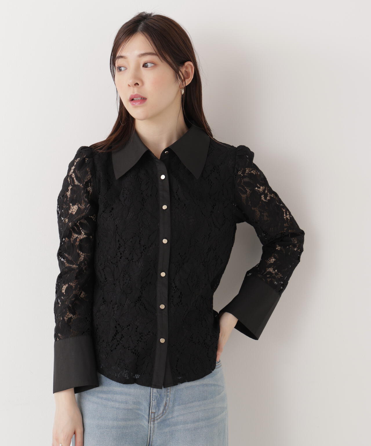 <ウォッシャブル>ビッグ衿レースブラウス