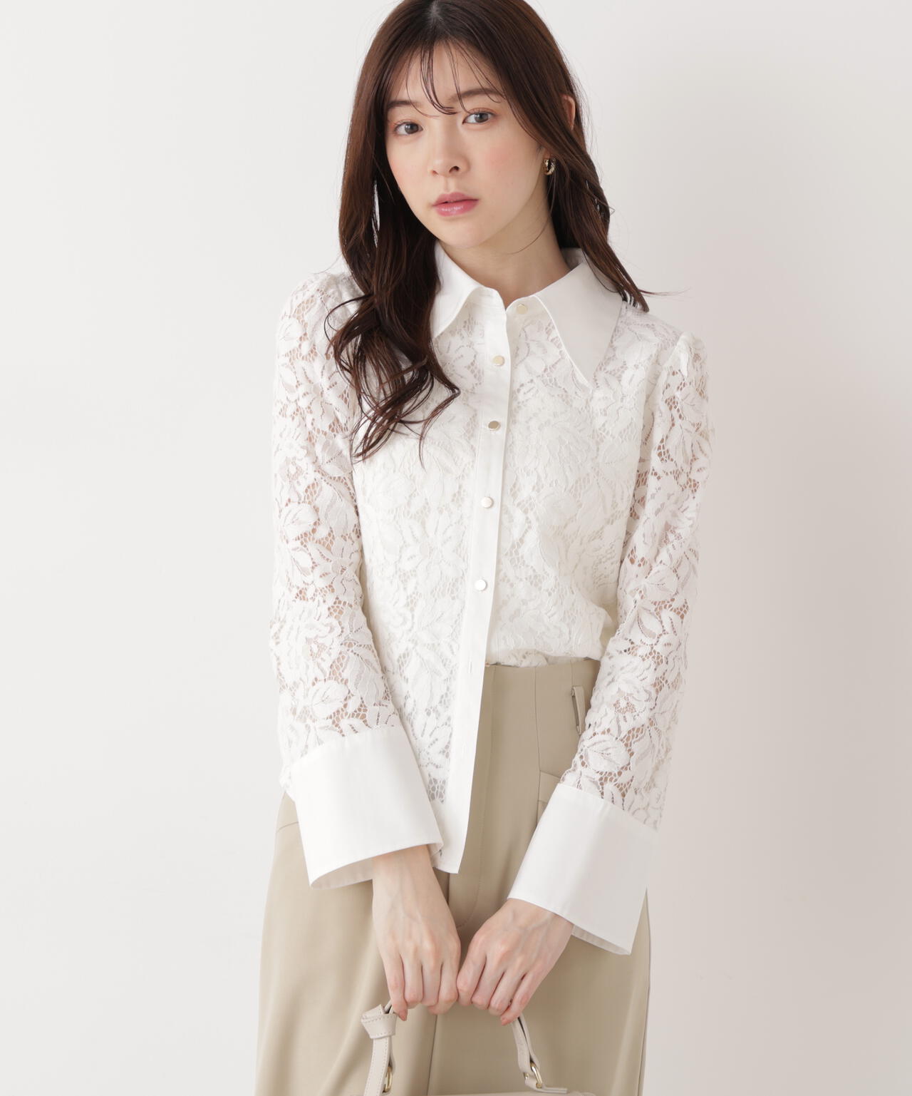<ウォッシャブル>ビッグ衿レースブラウス