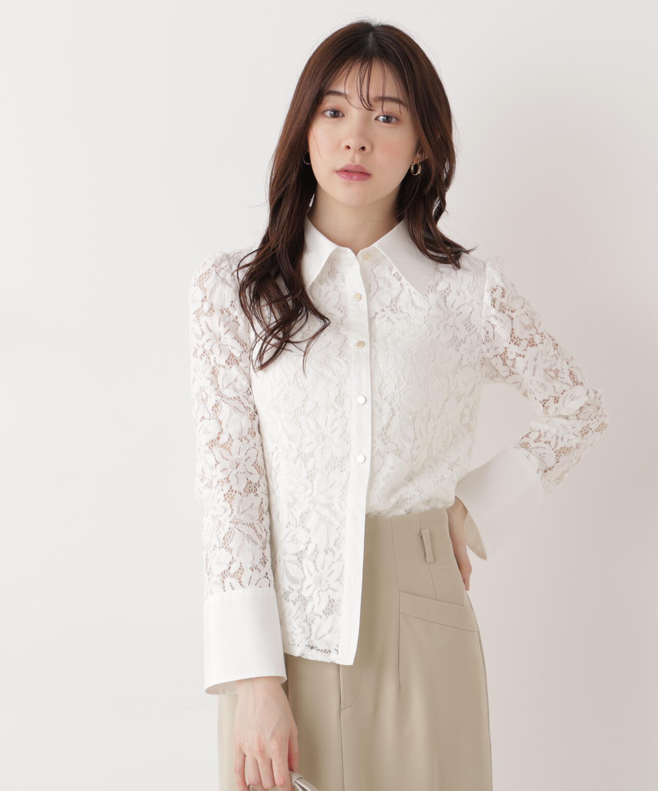 <ウォッシャブル>ビッグ衿レースブラウス