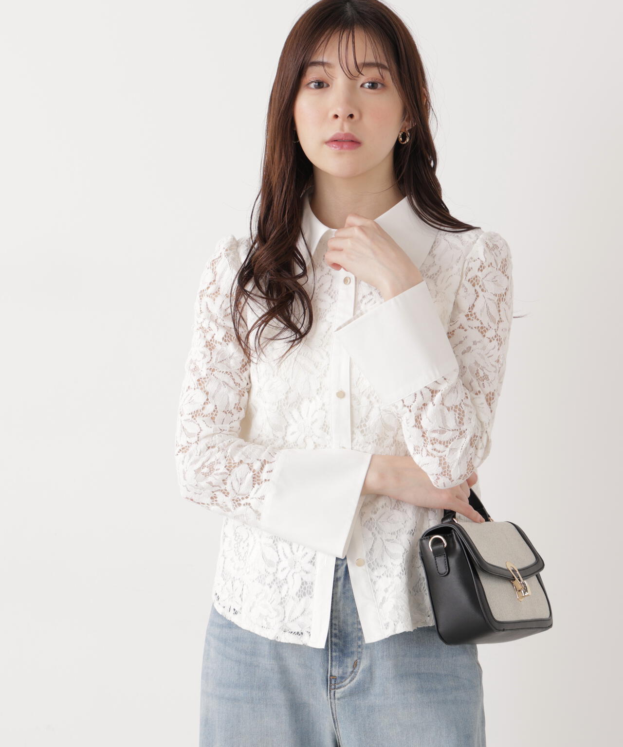<ウォッシャブル>ビッグ衿レースブラウス