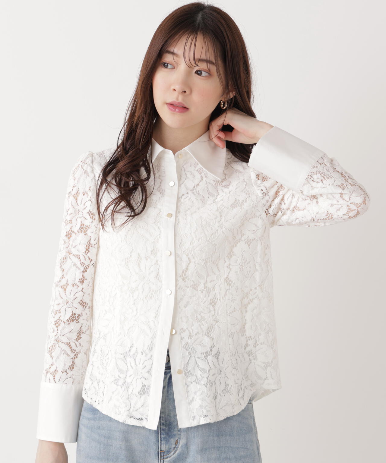 <ウォッシャブル>ビッグ衿レースブラウス