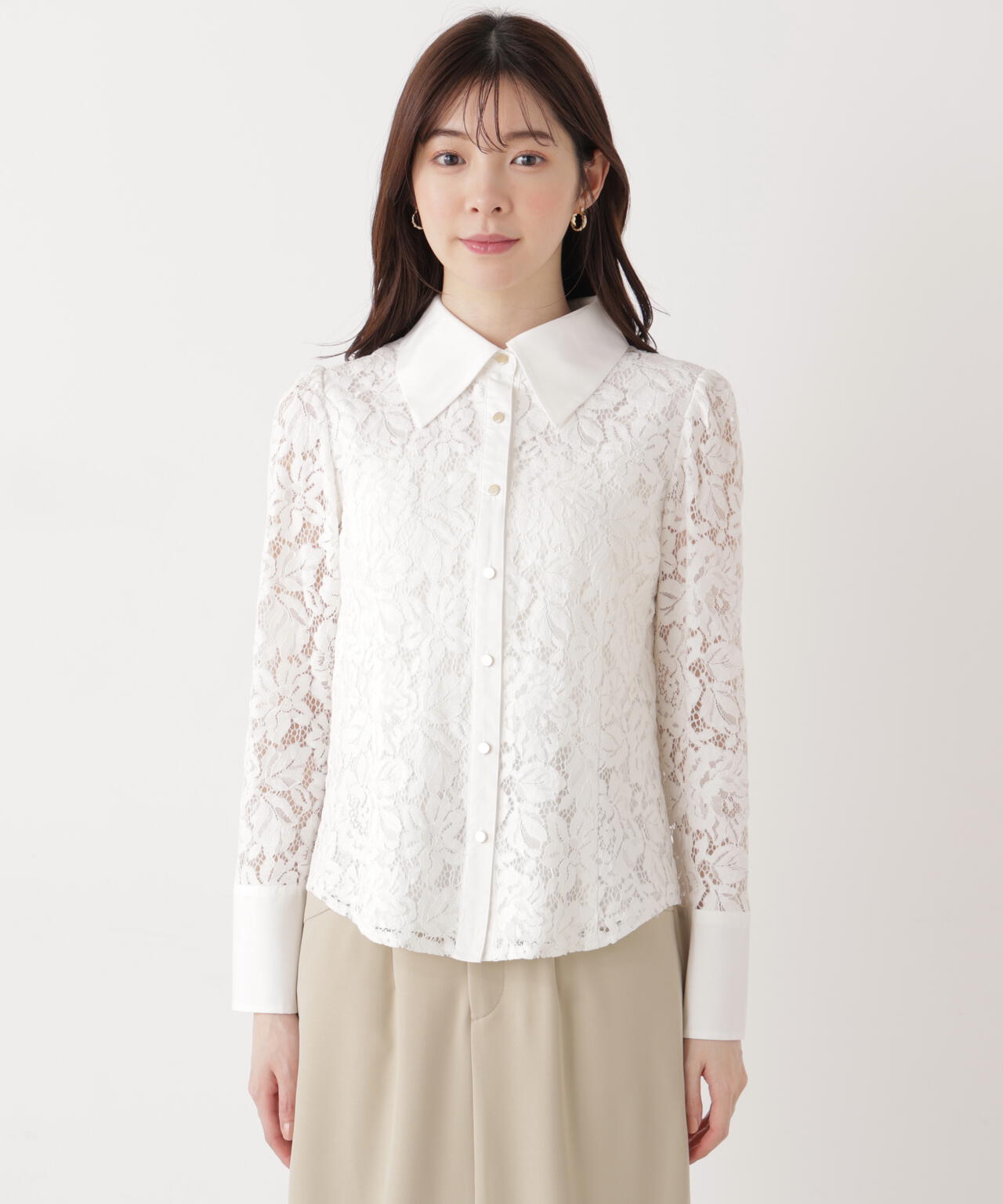 <ウォッシャブル>ビッグ衿レースブラウス