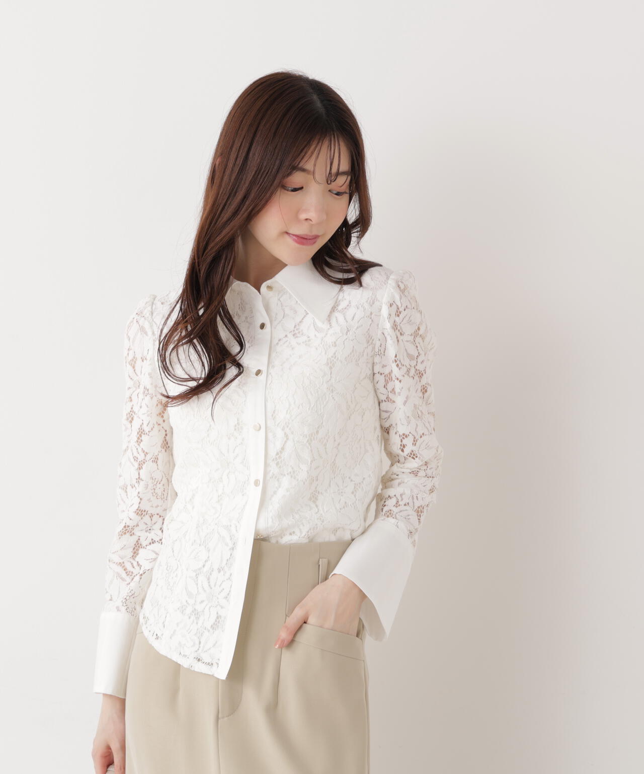 <ウォッシャブル>ビッグ衿レースブラウス
