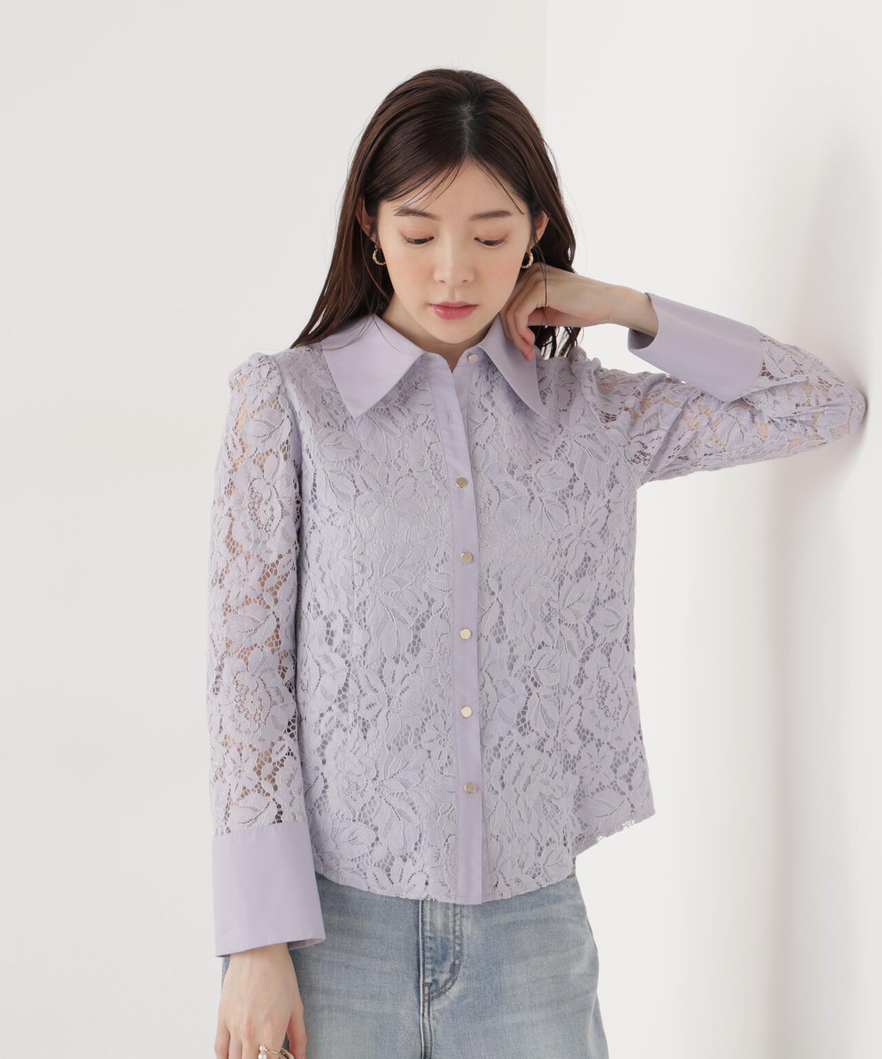 <ウォッシャブル>ビッグ衿レースブラウス