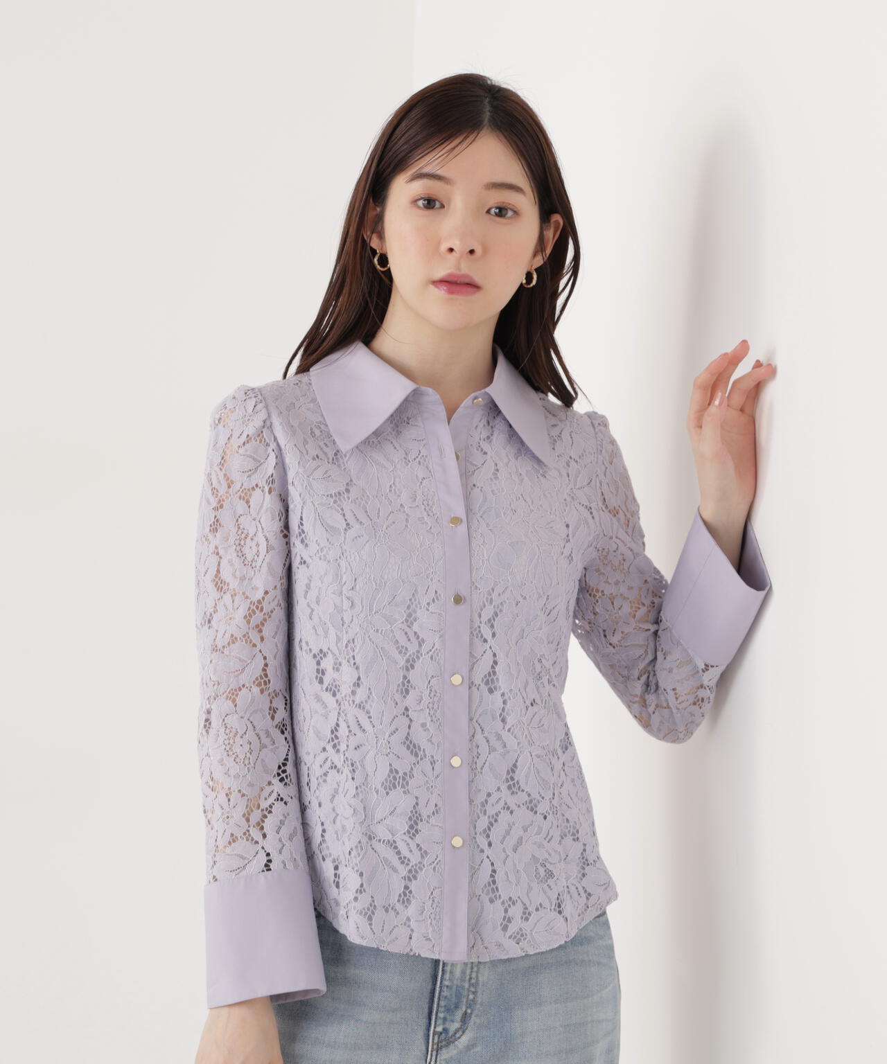<ウォッシャブル>ビッグ衿レースブラウス