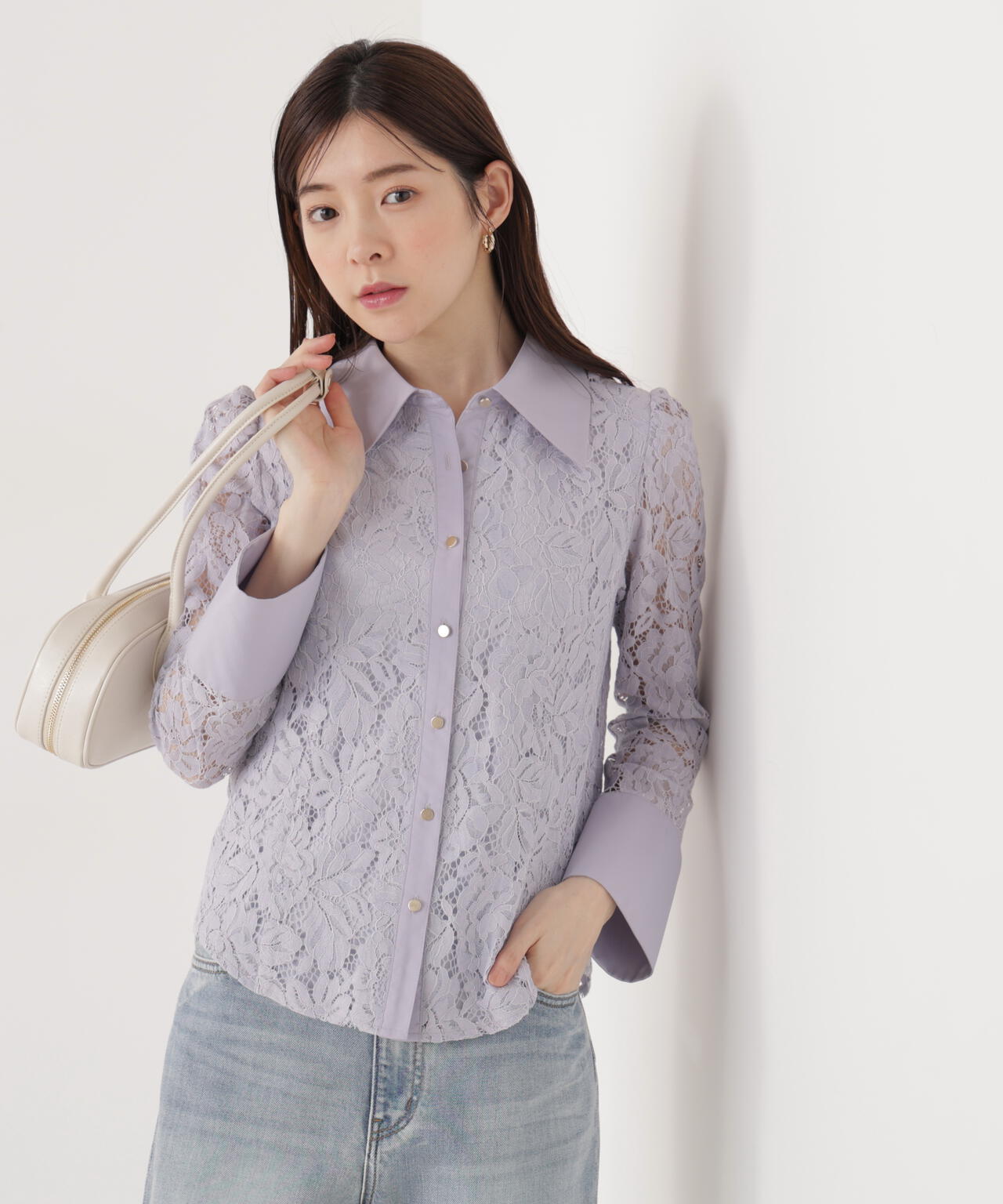 <ウォッシャブル>ビッグ衿レースブラウス