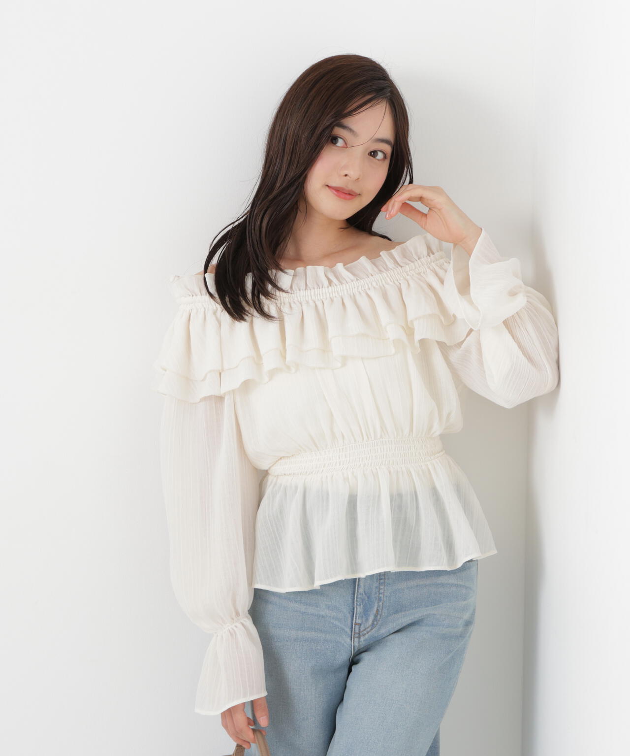 <ウォッシャブル>《EDIT COLOGNE》オフショルシアーシャーリングブラウス【WEB・一部店舗限定】