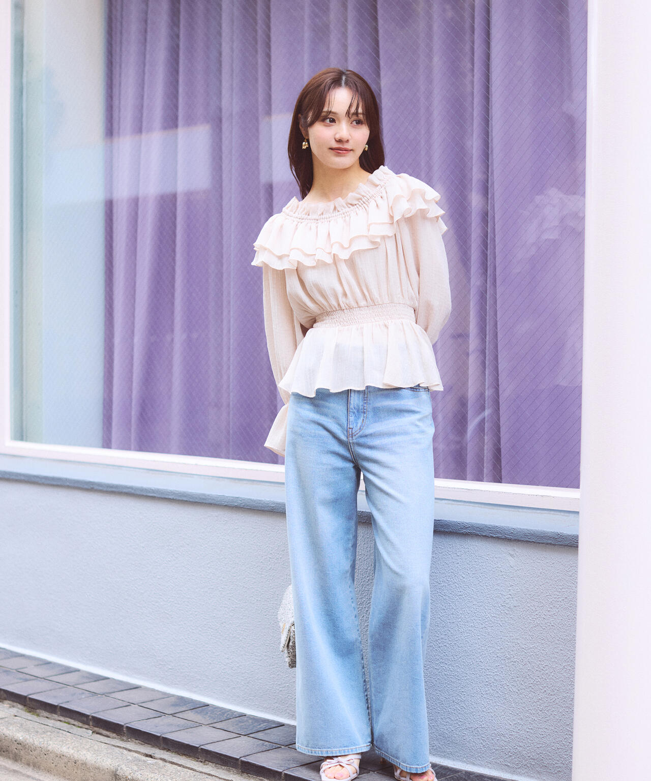 <ウォッシャブル>《EDIT COLOGNE》オフショルシアーシャーリングブラウス【WEB・一部店舗限定】