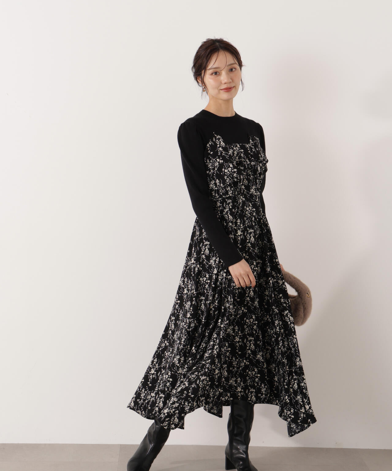 フロントリボン花柄ドッキングワンピース