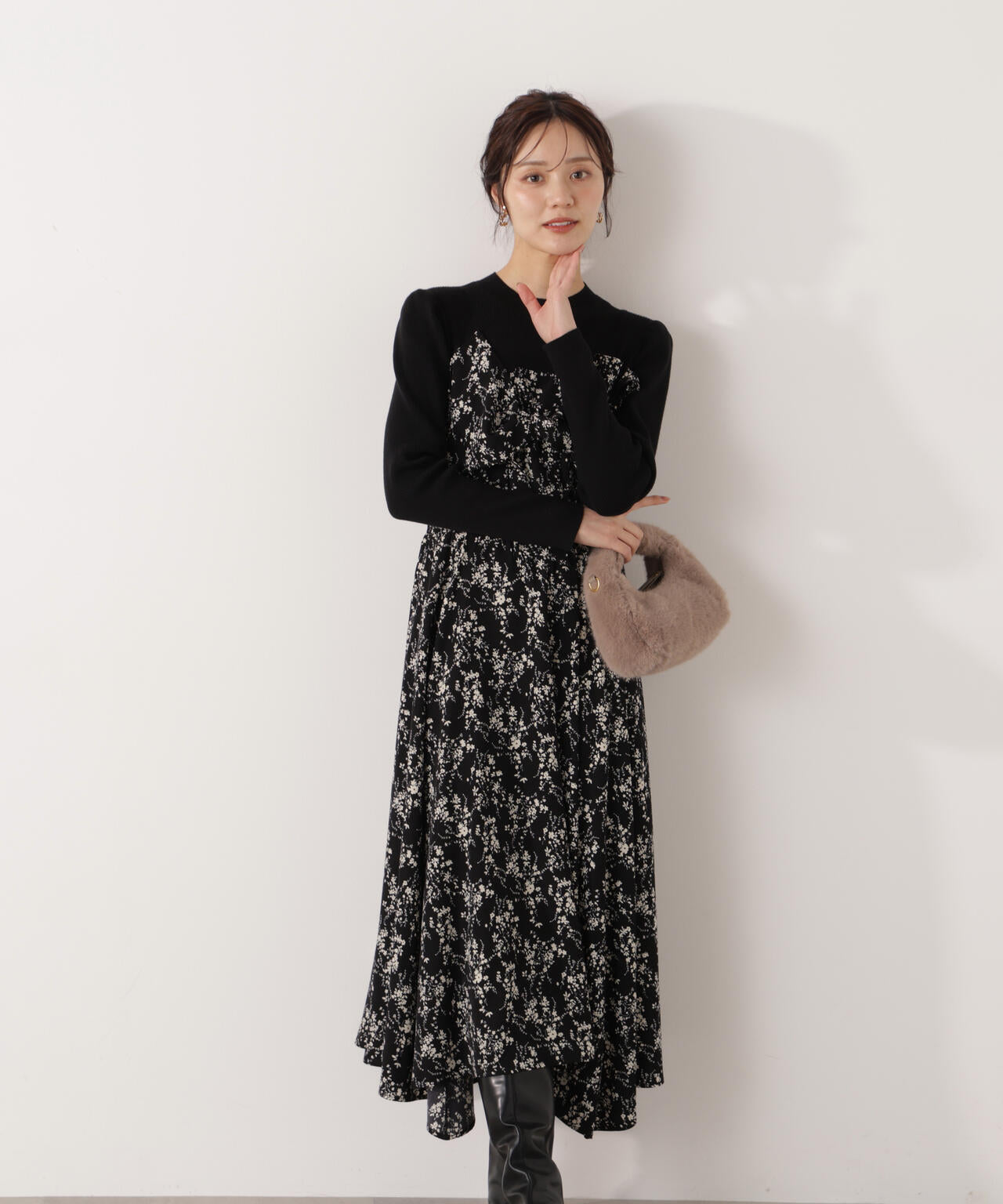 フロントリボン花柄ドッキングワンピース