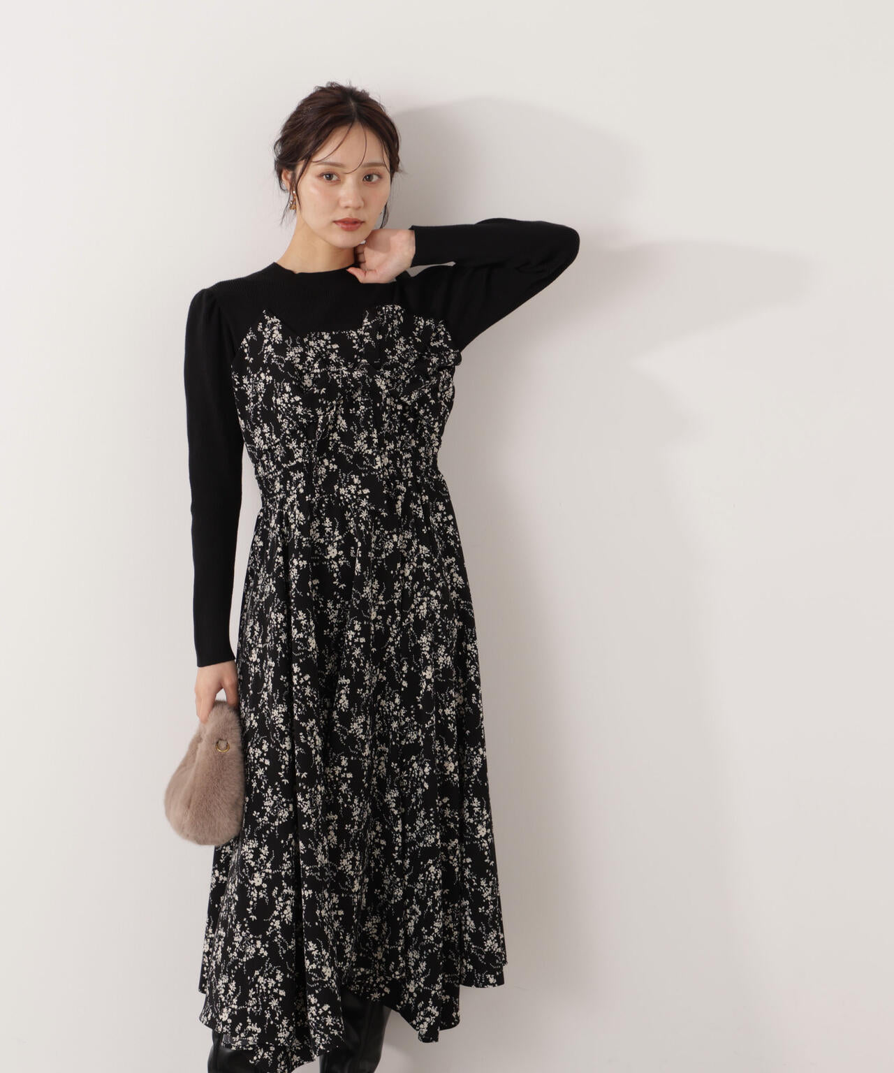 フロントリボン花柄ドッキングワンピース